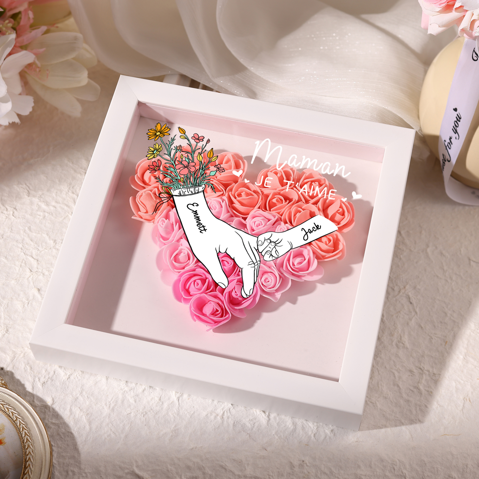 À ma Maman - Cadre photo Panneau de densité la main dans la main 2 Prénoms et 2 Texte Personnalisés Ornements Floral pour Famille