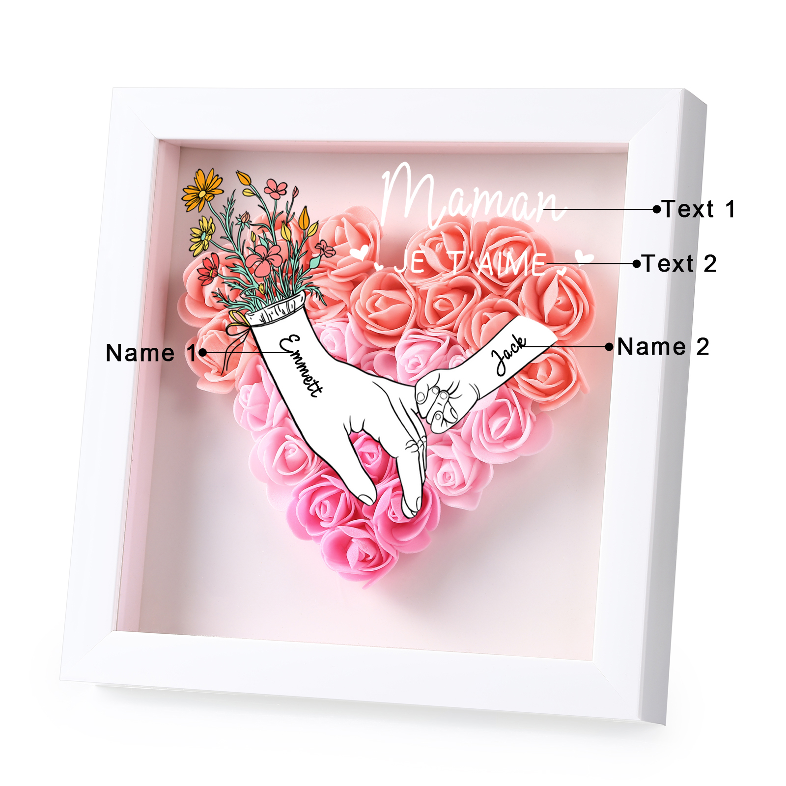À ma Maman - Cadre photo Panneau de densité la main dans la main 2 Prénoms et 2 Texte Personnalisés Ornements Floral pour Famille