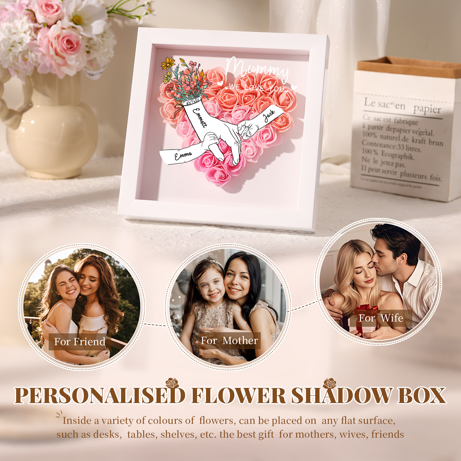 À ma Maman - Cadre photo Panneau de densité la main dans la main 3 Prénoms et 2 Texte Personnalisés Ornements Floral pour Famille