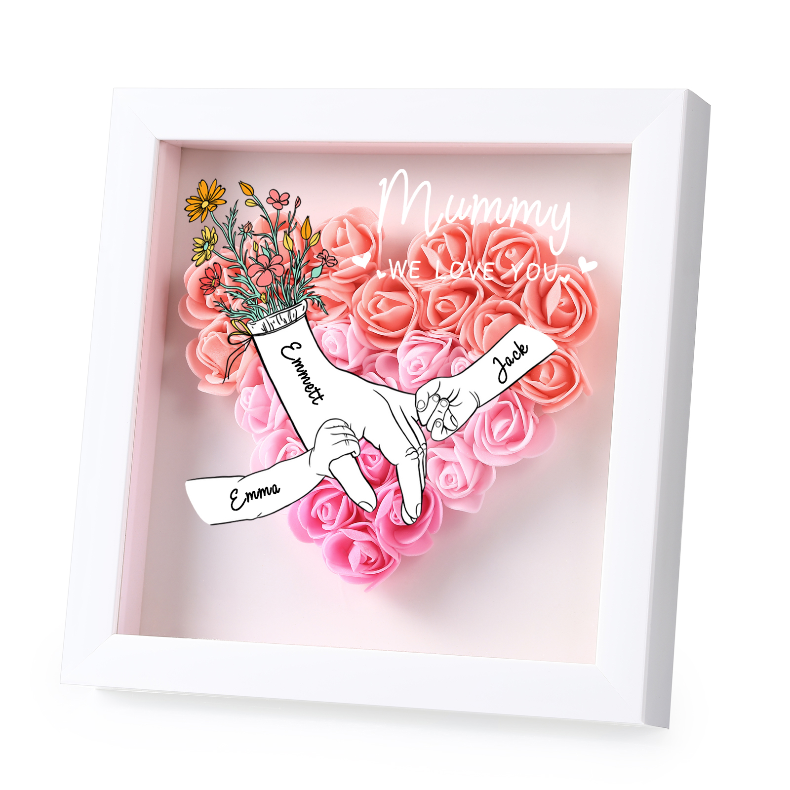 À ma Maman - Cadre photo Panneau de densité la main dans la main 3 Prénoms et 2 Texte Personnalisés Ornements Floral pour Famille