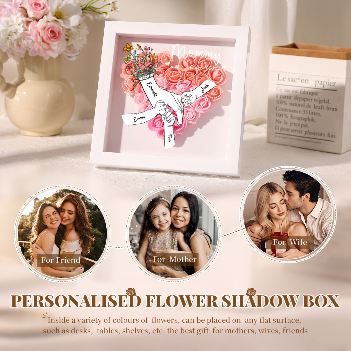 À ma Maman - Cadre photo Panneau de densité la main dans la main 4 Prénoms et 2 Texte Personnalisés Ornements Floral pour Famille