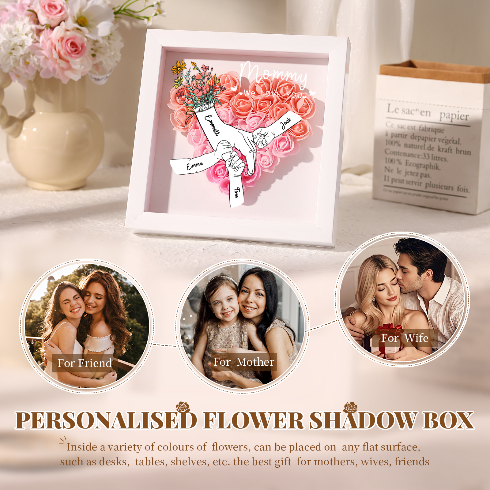 À ma Maman - Cadre photo Panneau de densité la main dans la main 4 Prénoms et 2 Texte Personnalisés Ornements Floral pour Famille