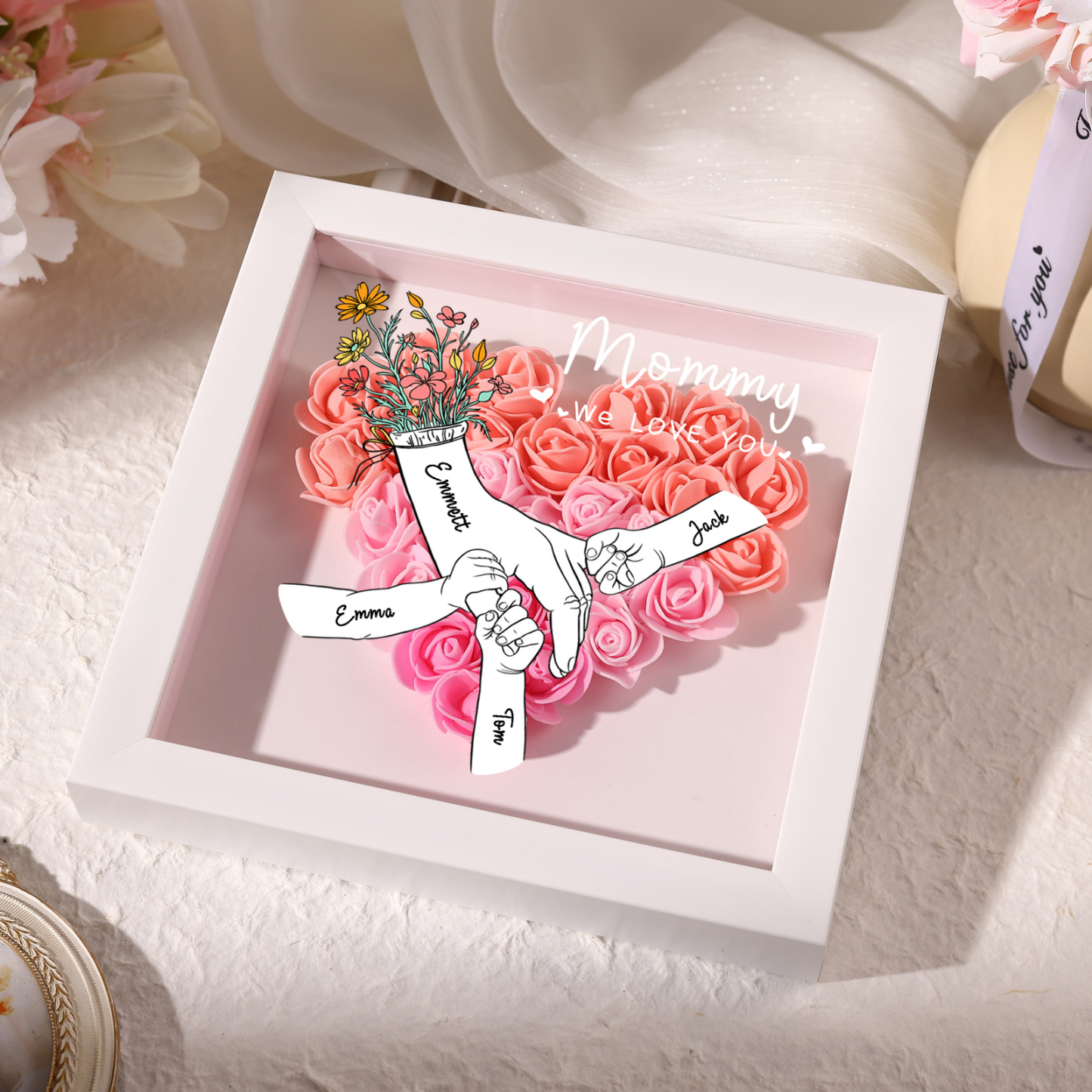 À ma Maman - Cadre photo Panneau de densité la main dans la main 4 Prénoms et 2 Texte Personnalisés Ornements Floral pour Famille