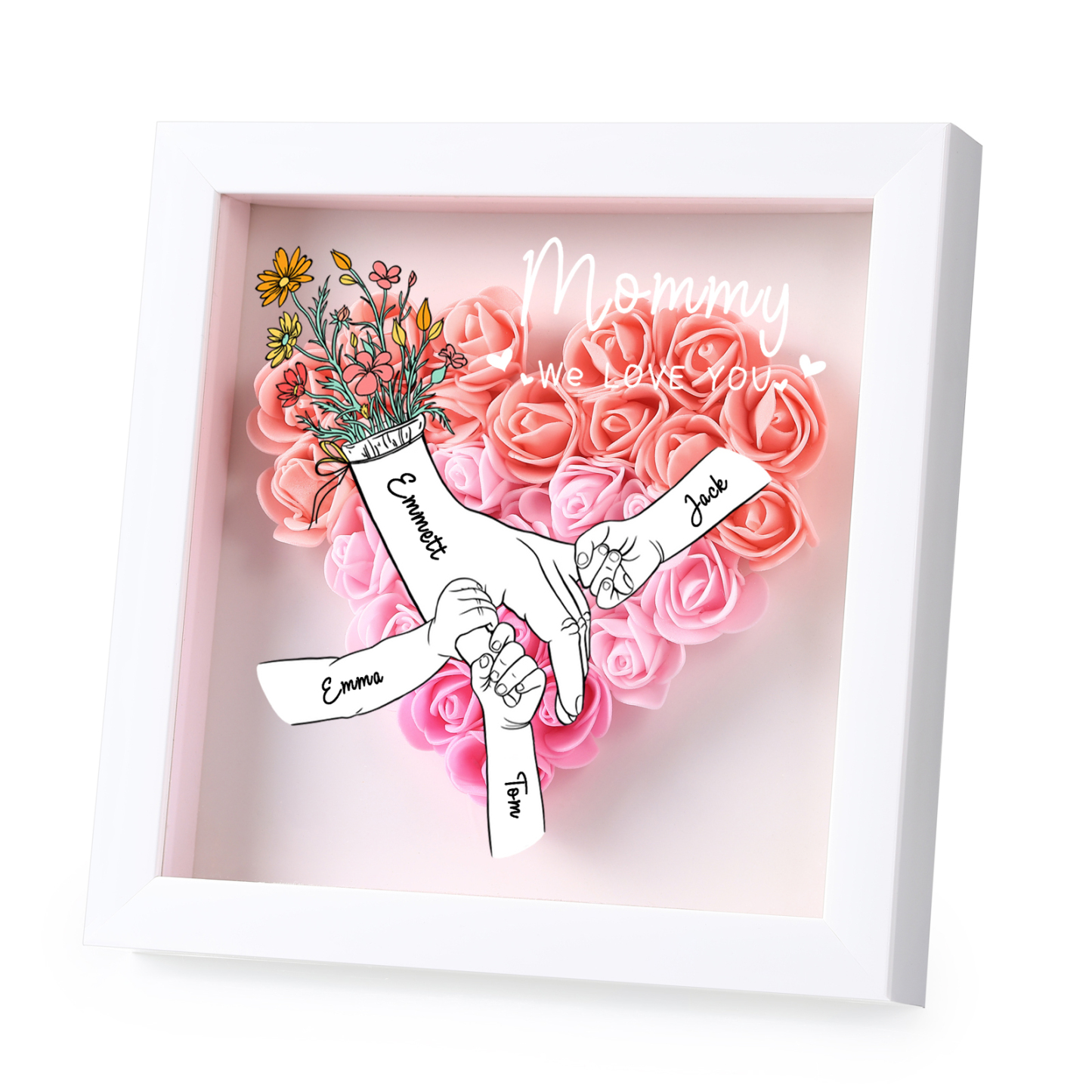À ma Maman - Cadre photo Panneau de densité la main dans la main 4 Prénoms et 2 Texte Personnalisés Ornements Floral pour Famille