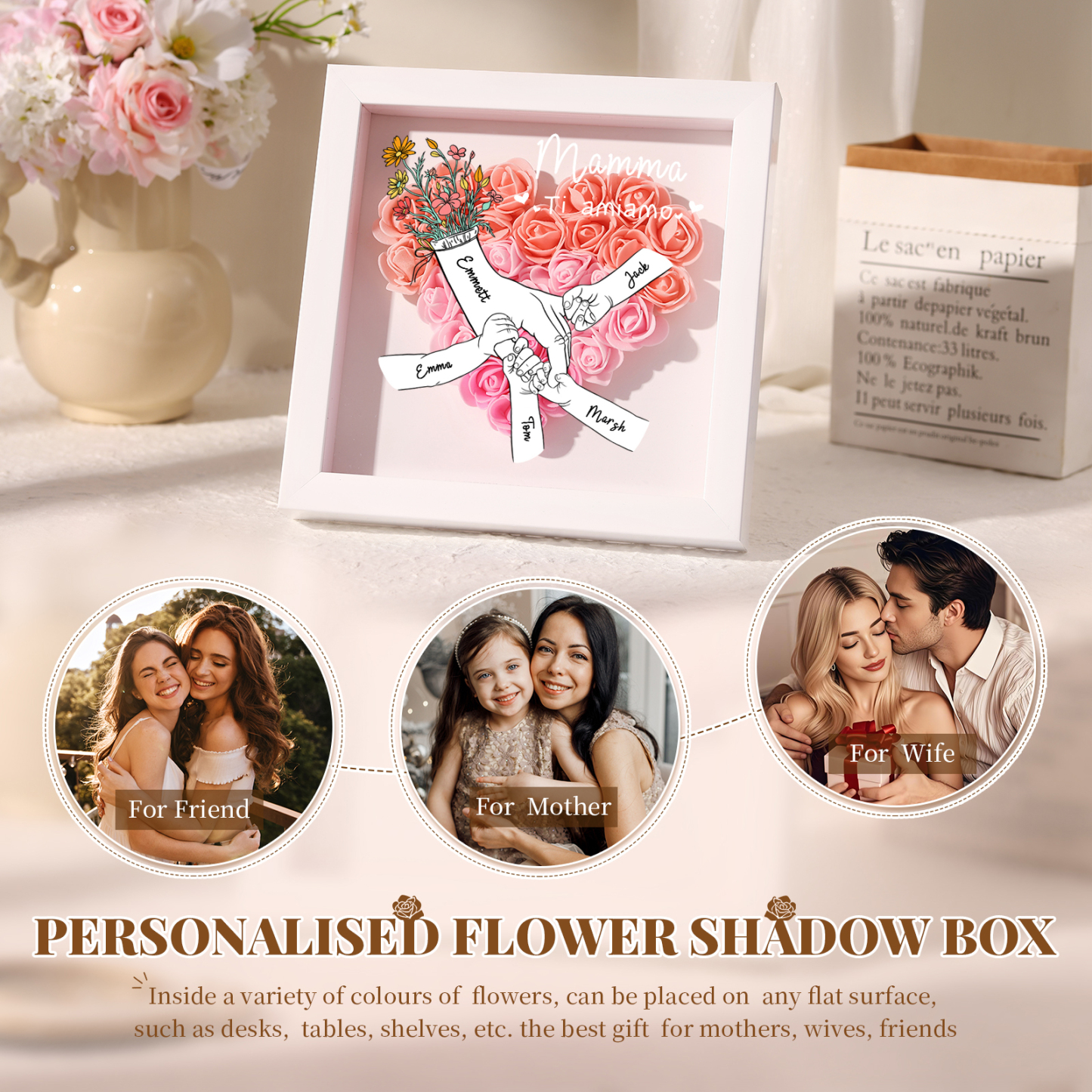 À ma Maman - Cadre photo Panneau de densité la main dans la main 5 Prénoms et 2 Texte Personnalisés Ornements Floral pour Famille
