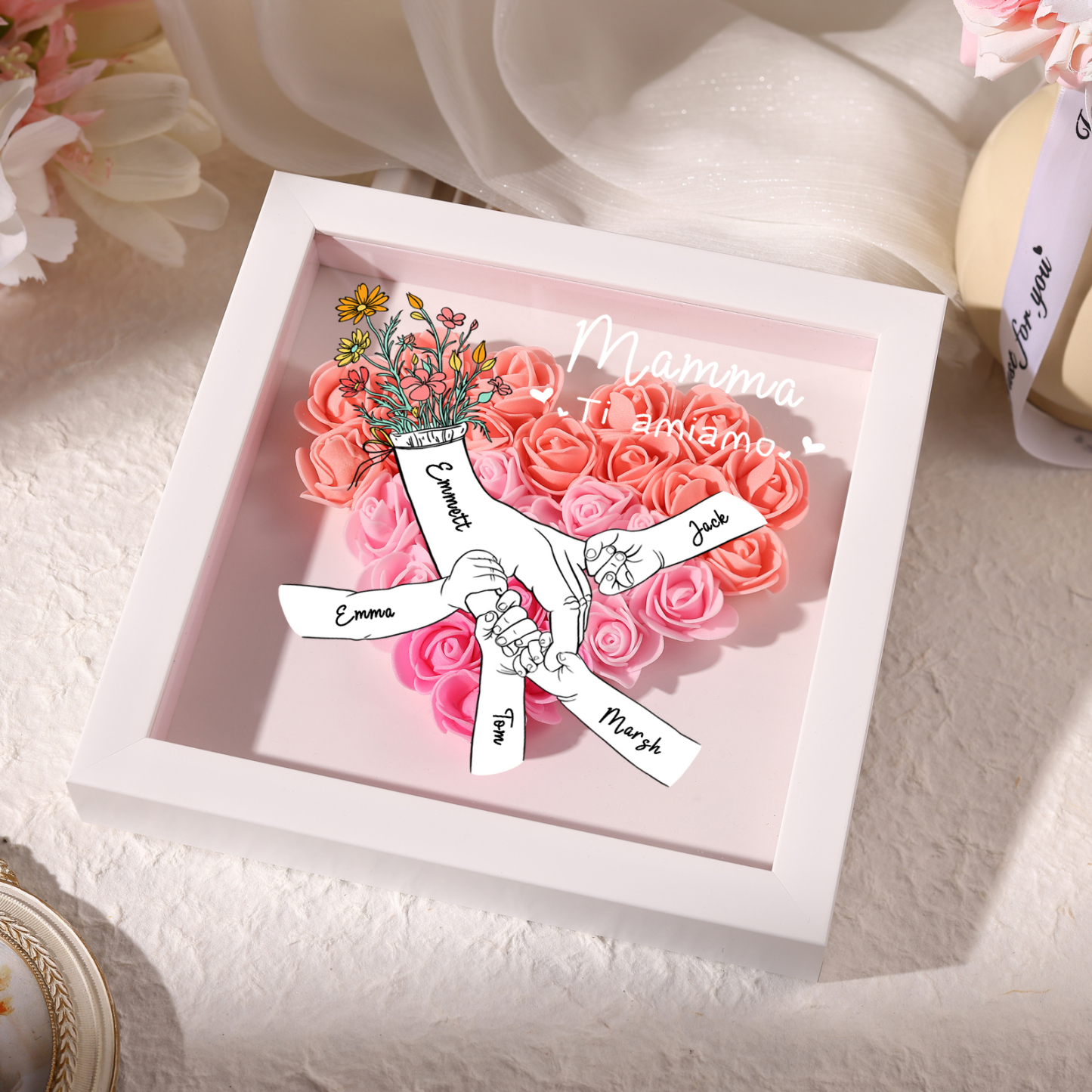 À ma Maman - Cadre photo Panneau de densité la main dans la main 5 Prénoms et 2 Texte Personnalisés Ornements Floral pour Famille