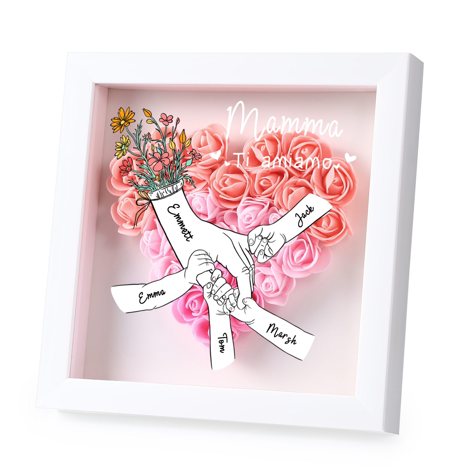À ma Maman - Cadre photo Panneau de densité la main dans la main 5 Prénoms et 2 Texte Personnalisés Ornements Floral pour Famille