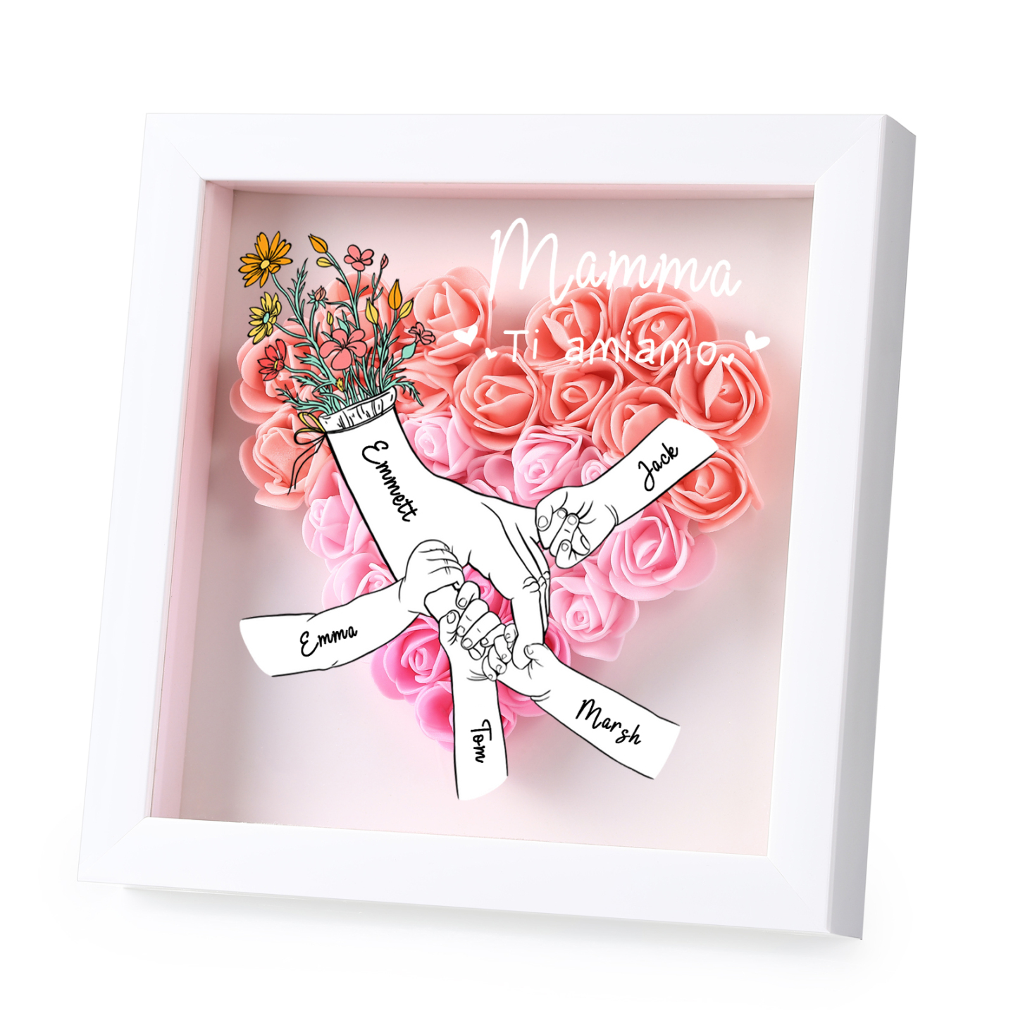 À ma Maman - Cadre photo Panneau de densité la main dans la main 5 Prénoms et 2 Texte Personnalisés Ornements Floral pour Famille
