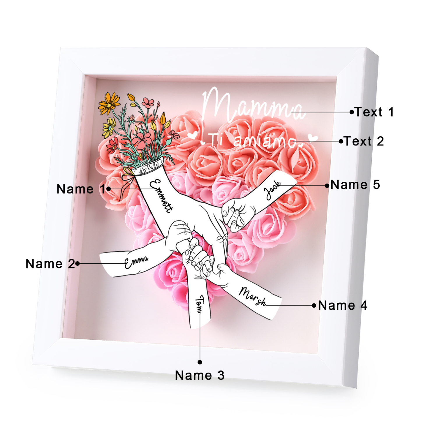 À ma Maman - Cadre photo Panneau de densité la main dans la main 5 Prénoms et 2 Texte Personnalisés Ornements Floral pour Famille