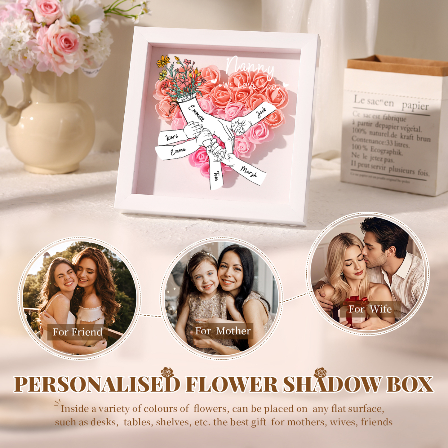 À ma Maman - Cadre photo Panneau de densité la main dans la main 6 Prénoms et 2 Texte Personnalisés Ornements Floral pour Famille