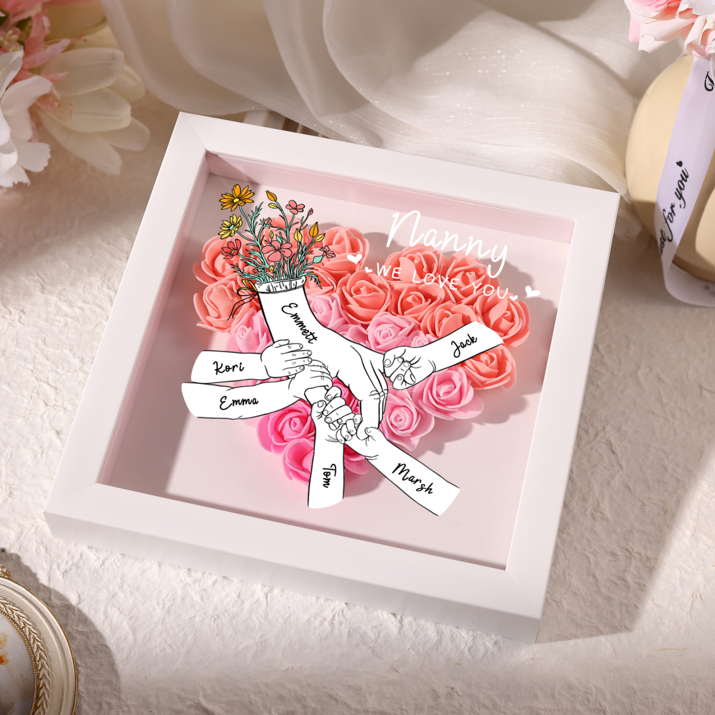 À ma Maman - Cadre photo Panneau de densité la main dans la main 6 Prénoms et 2 Texte Personnalisés Ornements Floral pour Famille