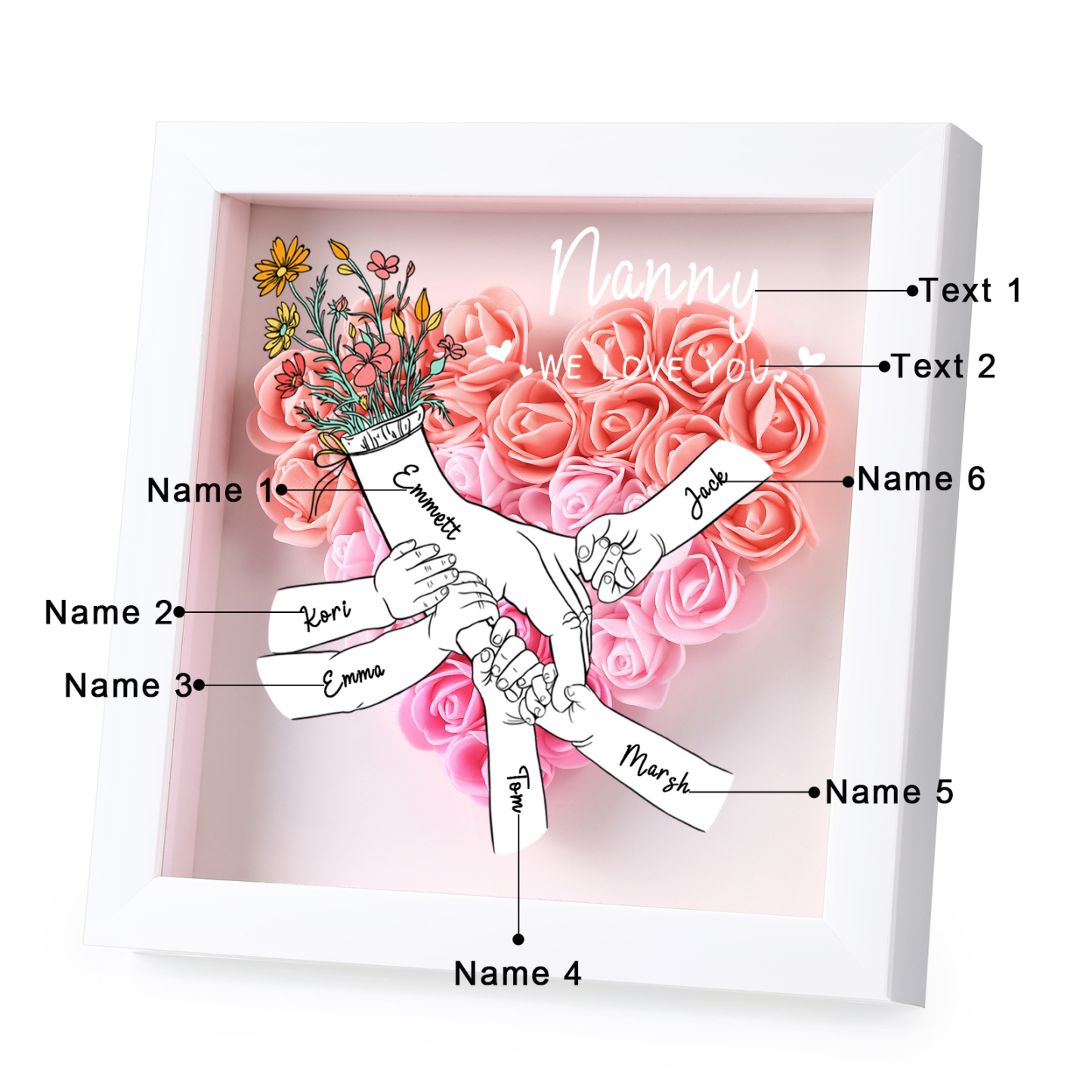 À ma Maman - Cadre photo Panneau de densité la main dans la main 6 Prénoms et 2 Texte Personnalisés Ornements Floral pour Famille