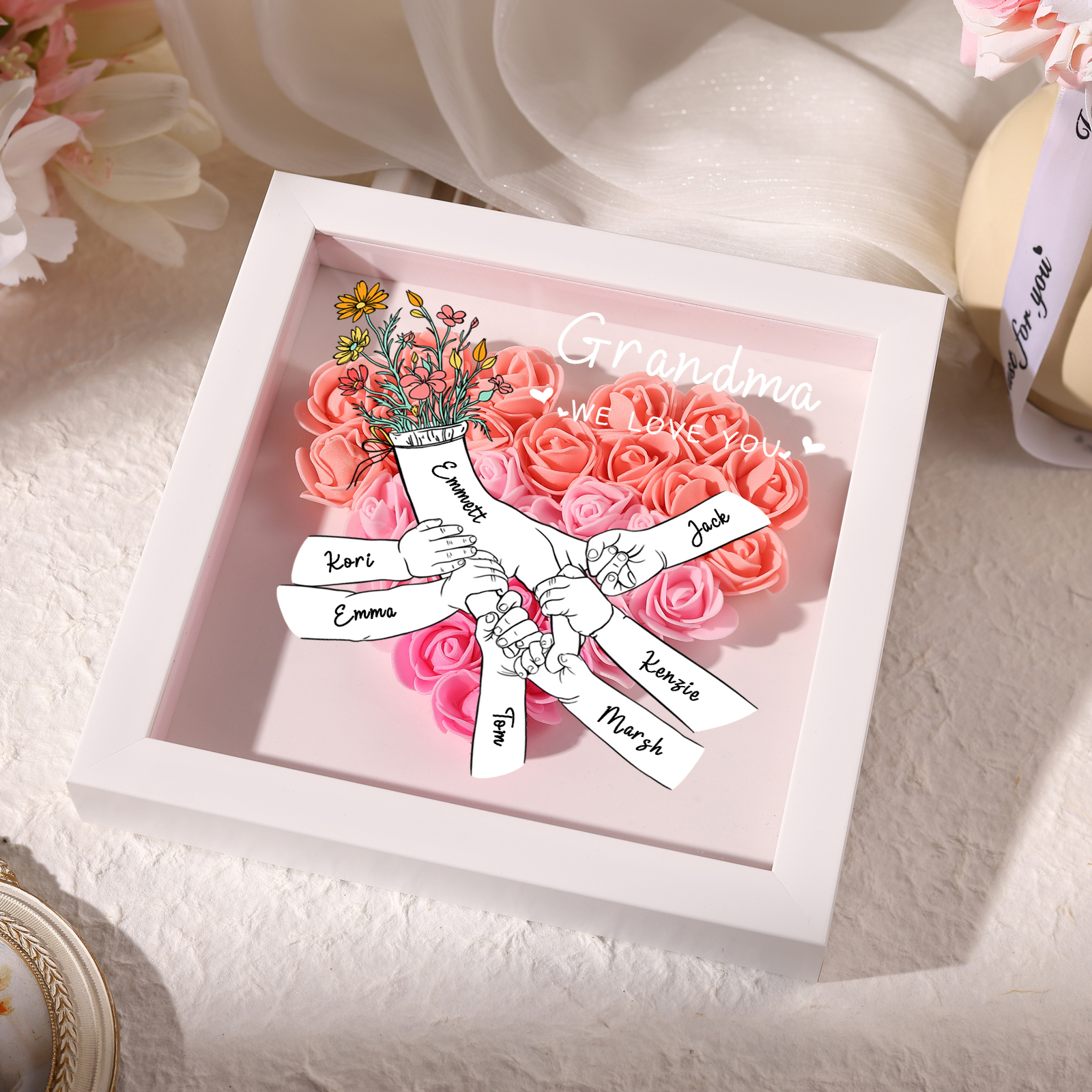 À ma Maman - Cadre photo Panneau de densité la main dans la main 7 Prénoms et 2 Texte Personnalisés Ornements Floral pour Famille