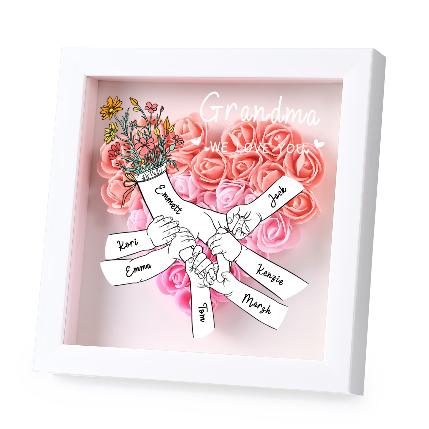 À ma Maman - Cadre photo Panneau de densité la main dans la main 7 Prénoms et 2 Texte Personnalisés Ornements Floral pour Famille