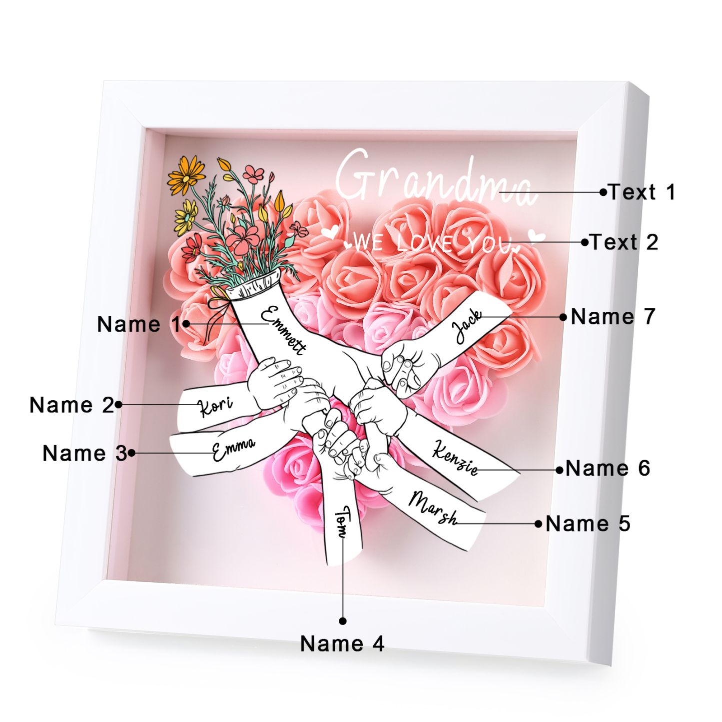 À ma Maman - Cadre photo Panneau de densité la main dans la main 7 Prénoms et 2 Texte Personnalisés Ornements Floral pour Famille