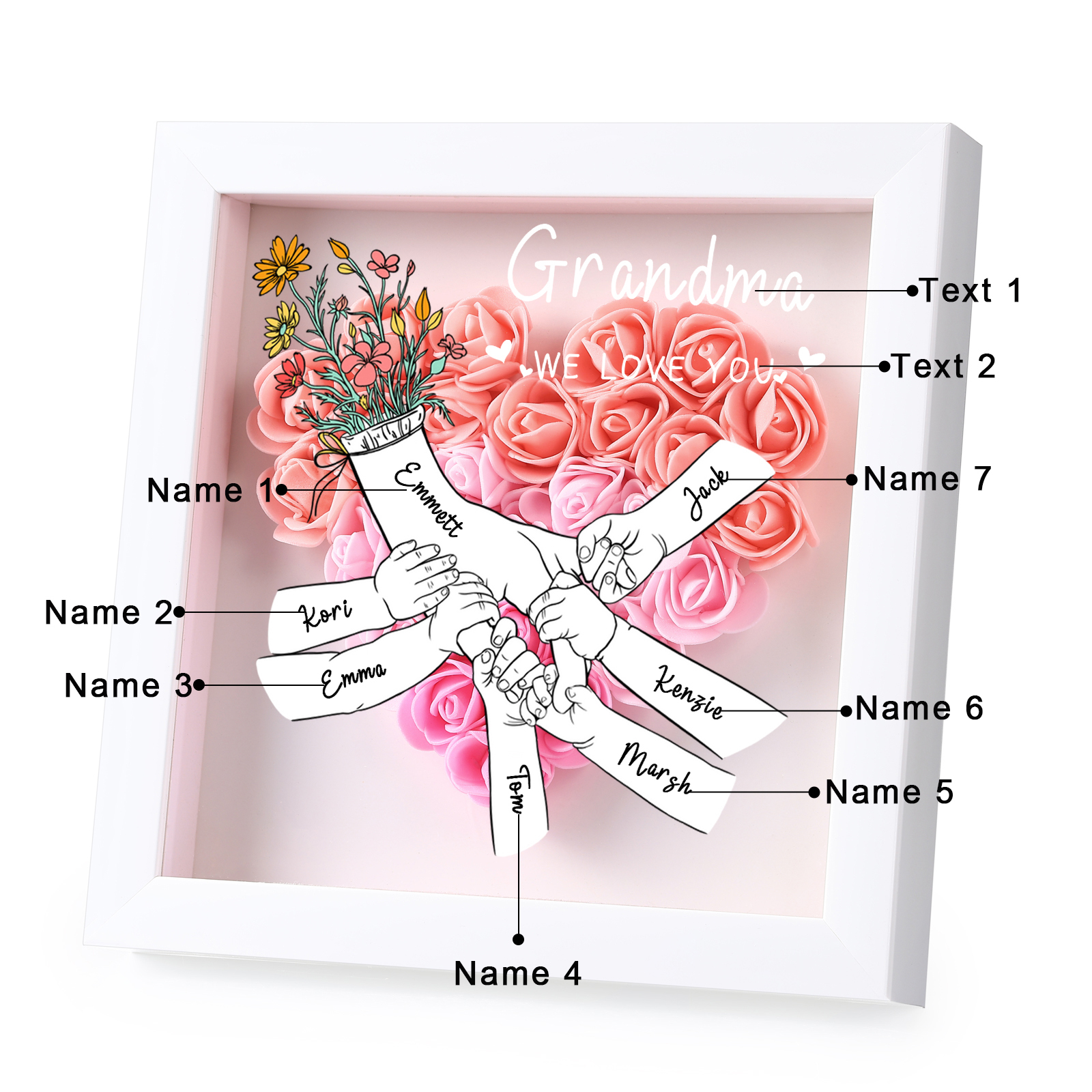 À ma Maman - Cadre photo Panneau de densité la main dans la main 7 Prénoms et 2 Texte Personnalisés Ornements Floral pour Famille