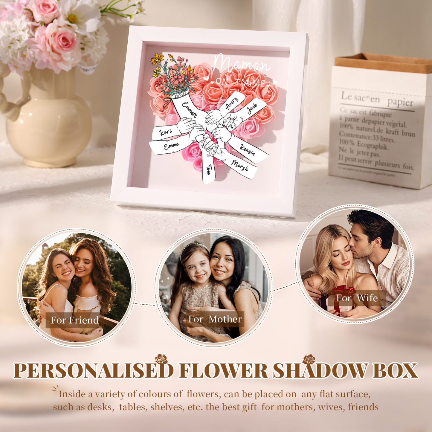 À ma Maman - Cadre photo Panneau de densité la main dans la main 8 Prénoms et 2 Texte Personnalisés Ornements Floral pour Famille