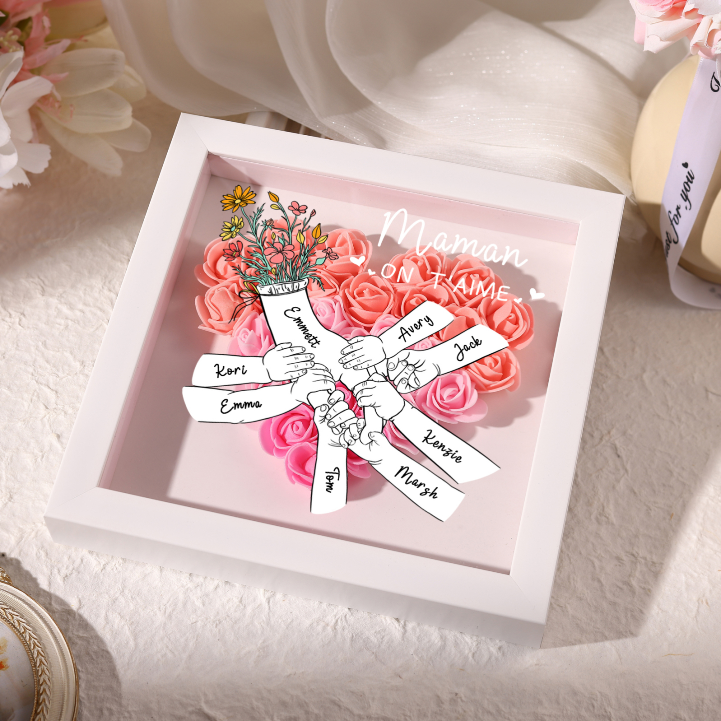 À ma Maman - Cadre photo Panneau de densité la main dans la main 8 Prénoms et 2 Texte Personnalisés Ornements Floral pour Famille
