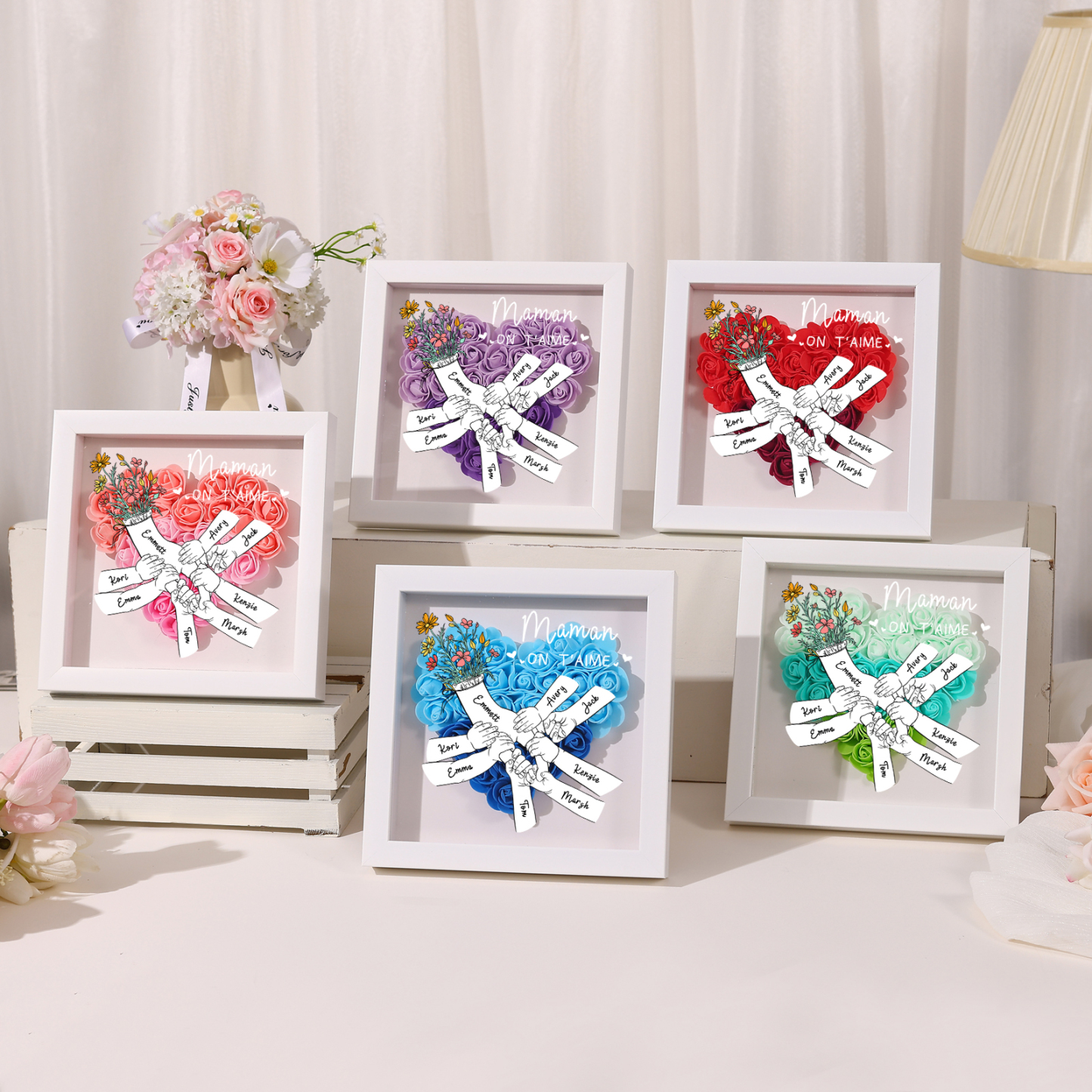 À ma Maman - Cadre photo Panneau de densité la main dans la main 8 Prénoms et 2 Texte Personnalisés Ornements Floral pour Famille