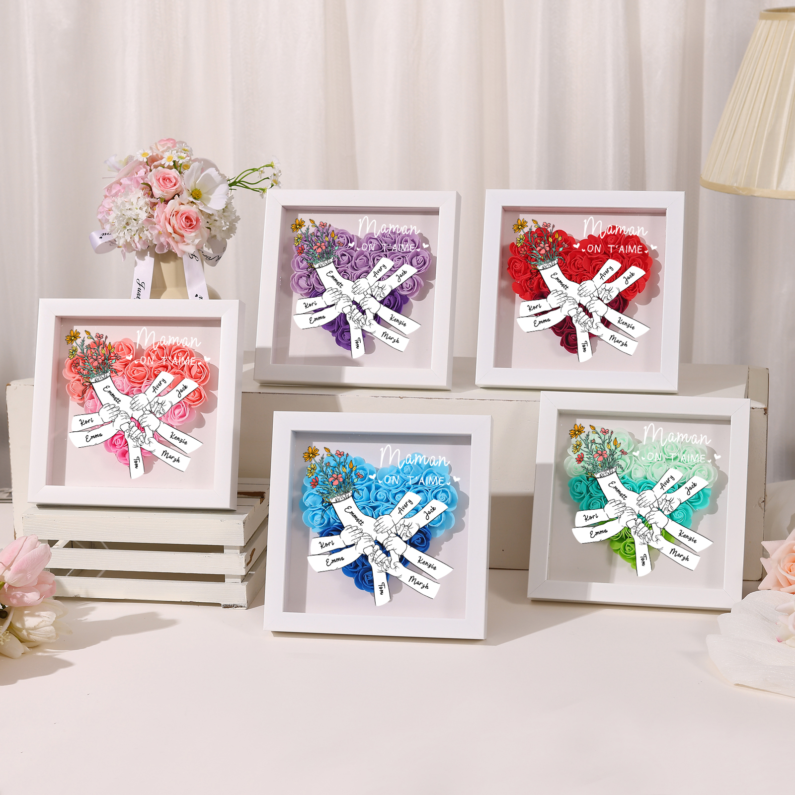 À ma Maman - Cadre photo Panneau de densité la main dans la main 8 Prénoms et 2 Texte Personnalisés Ornements Floral pour Famille