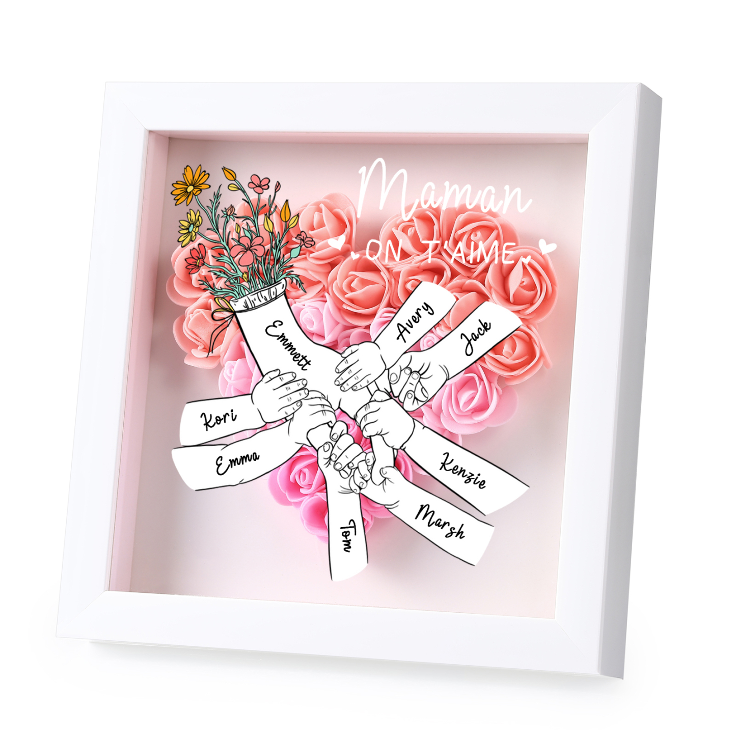 À ma Maman - Cadre photo Panneau de densité la main dans la main 8 Prénoms et 2 Texte Personnalisés Ornements Floral pour Famille
