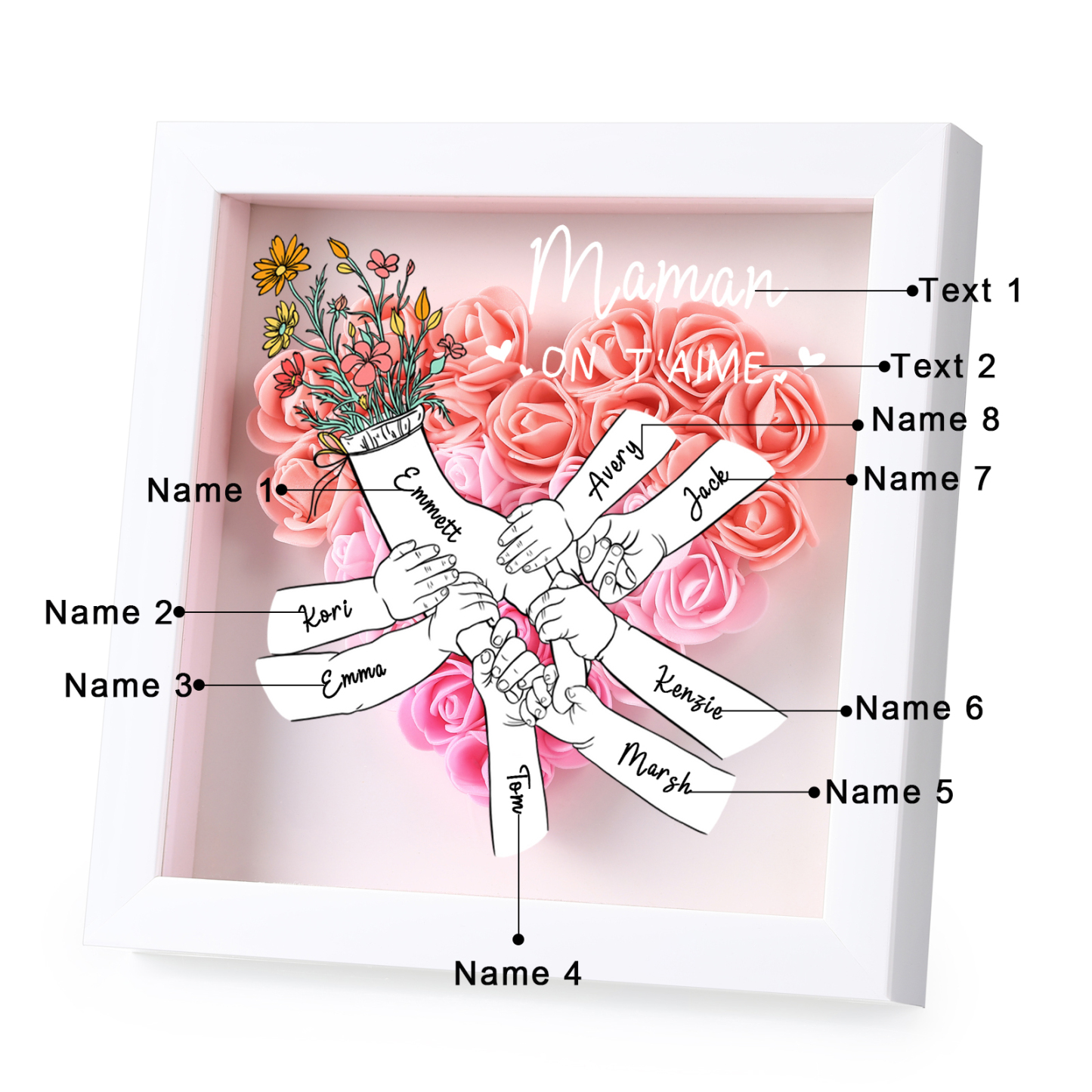 À ma Maman - Cadre photo Panneau de densité la main dans la main 8 Prénoms et 2 Texte Personnalisés Ornements Floral pour Famille
