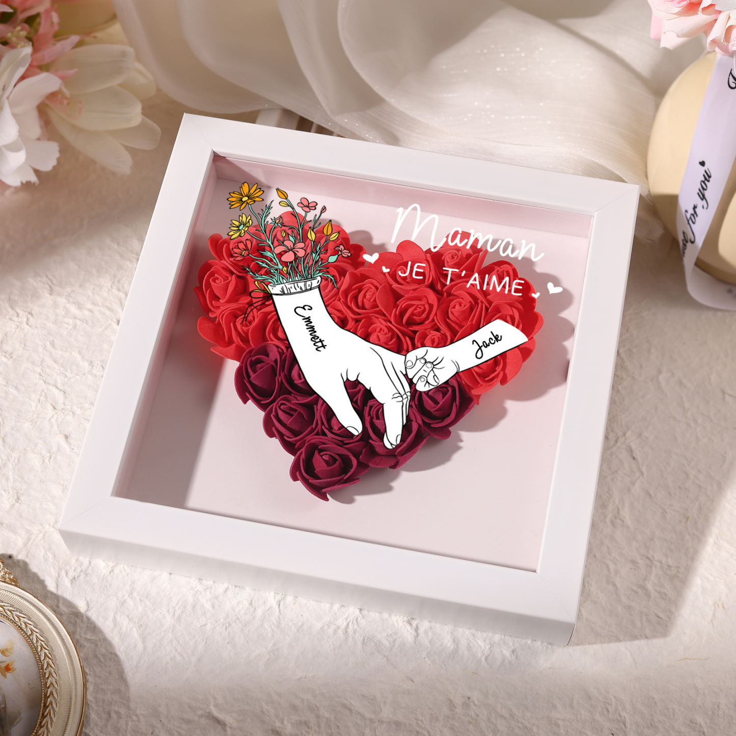 À ma Maman - Cadre photo Panneau de densité la main dans la main 2 Prénoms et 2 Texte Personnalisés Ornements Floral pour Famille