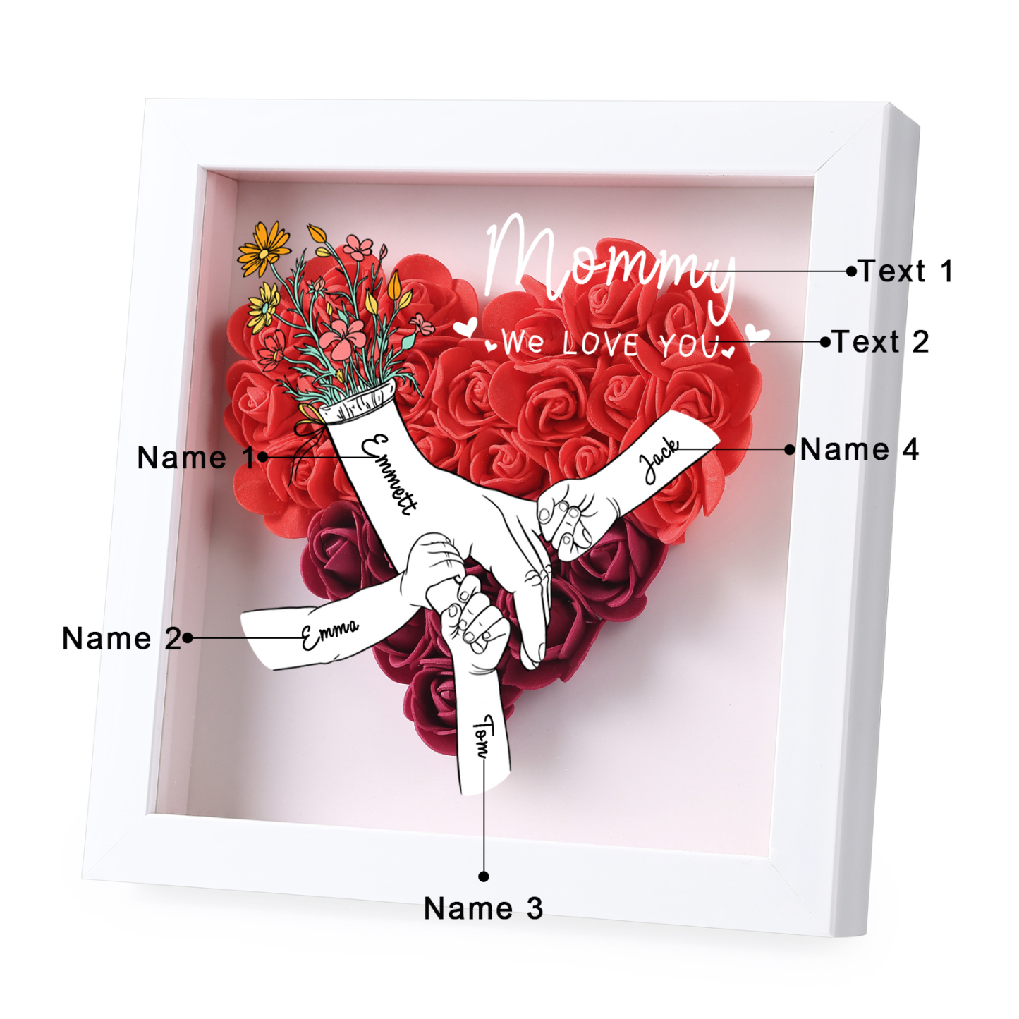 À ma Maman - Cadre photo Panneau de densité la main dans la main 4 Prénoms et 2 Texte Personnalisés Ornements Floral pour Famille
