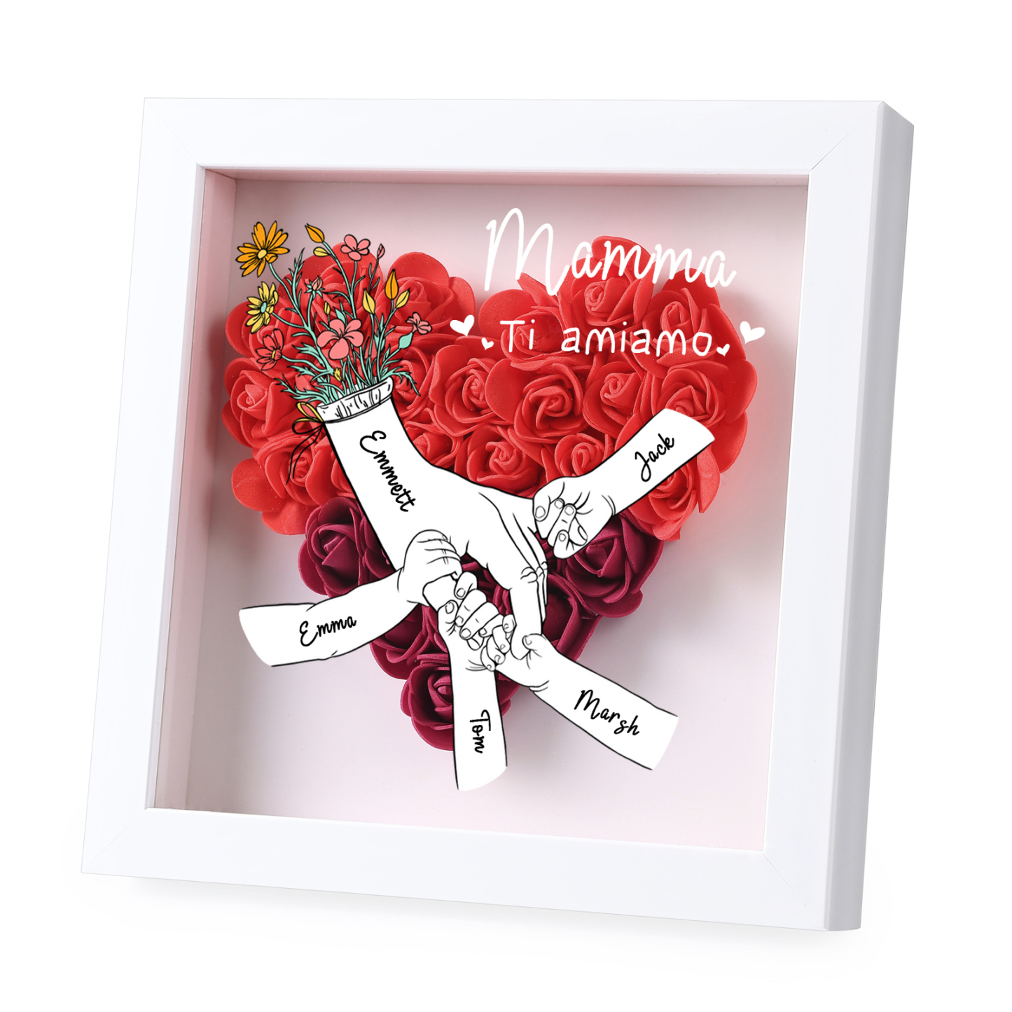 À ma Maman - Cadre photo Panneau de densité la main dans la main 5 Prénoms et 2 Texte Personnalisés Ornements Floral pour Famille