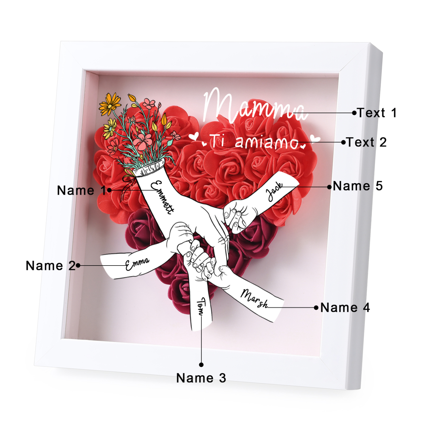 À ma Maman - Cadre photo Panneau de densité la main dans la main 5 Prénoms et 2 Texte Personnalisés Ornements Floral pour Famille