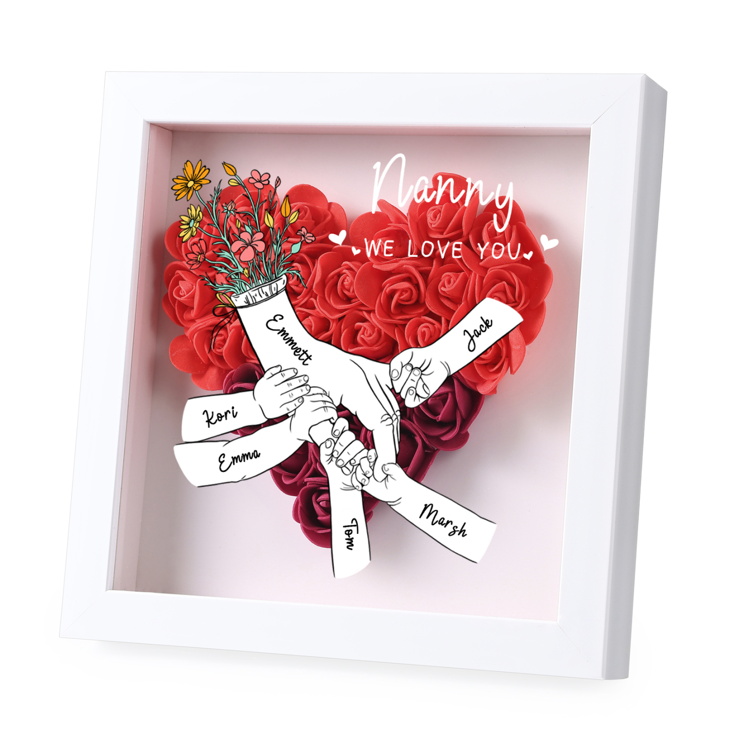 À ma Maman - Cadre photo Panneau de densité la main dans la main 6 Prénoms et 2 Texte Personnalisés Ornements Floral pour Famille