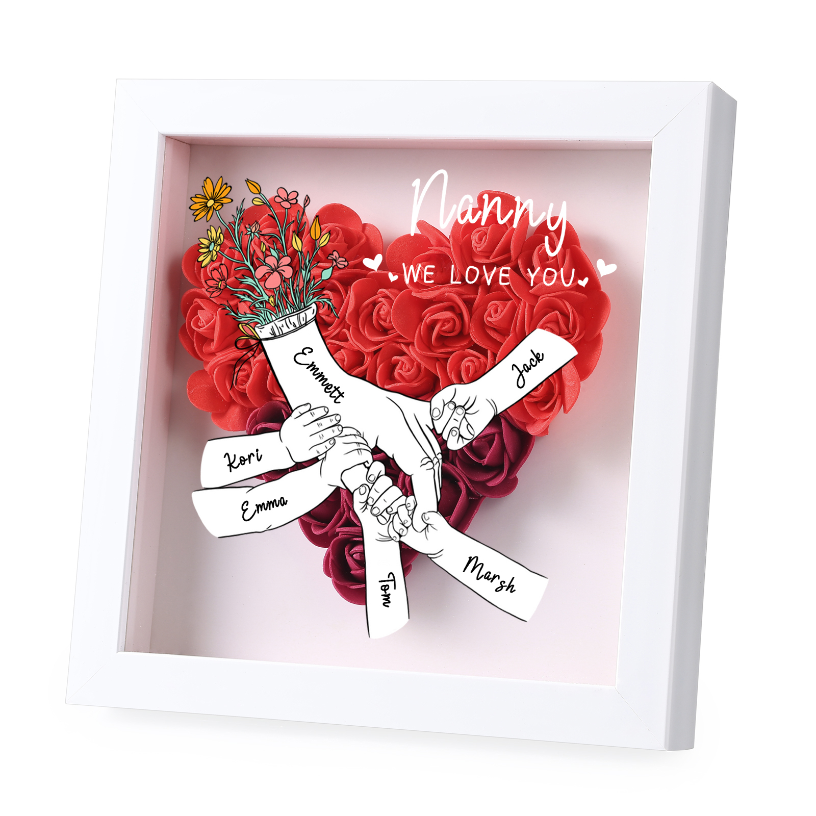 À ma Maman - Cadre photo Panneau de densité la main dans la main 6 Prénoms et 2 Texte Personnalisés Ornements Floral pour Famille