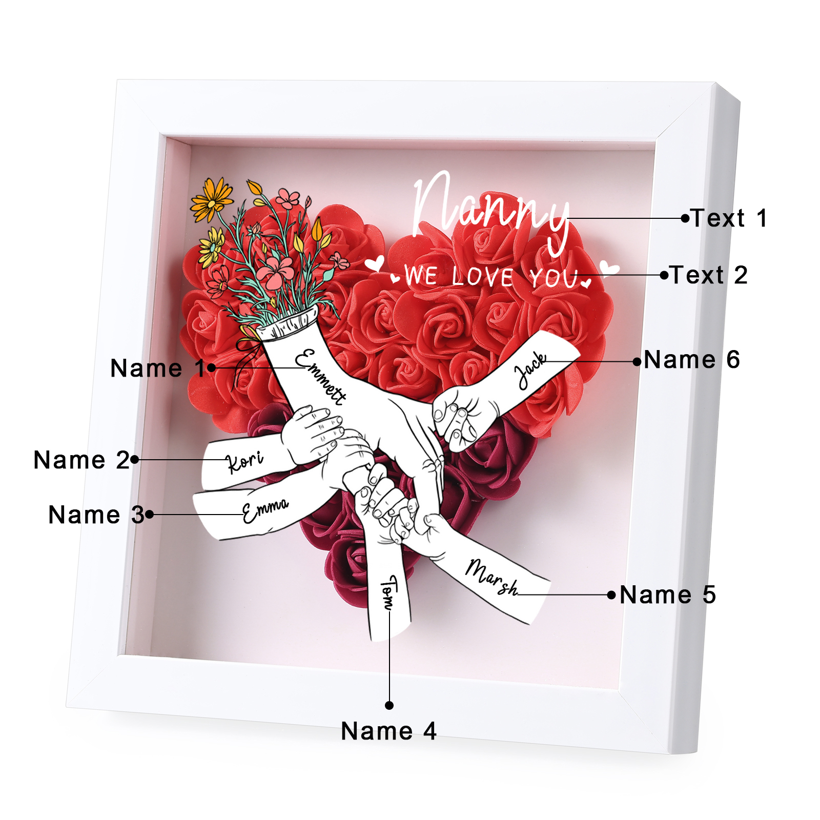 À ma Maman - Cadre photo Panneau de densité la main dans la main 6 Prénoms et 2 Texte Personnalisés Ornements Floral pour Famille