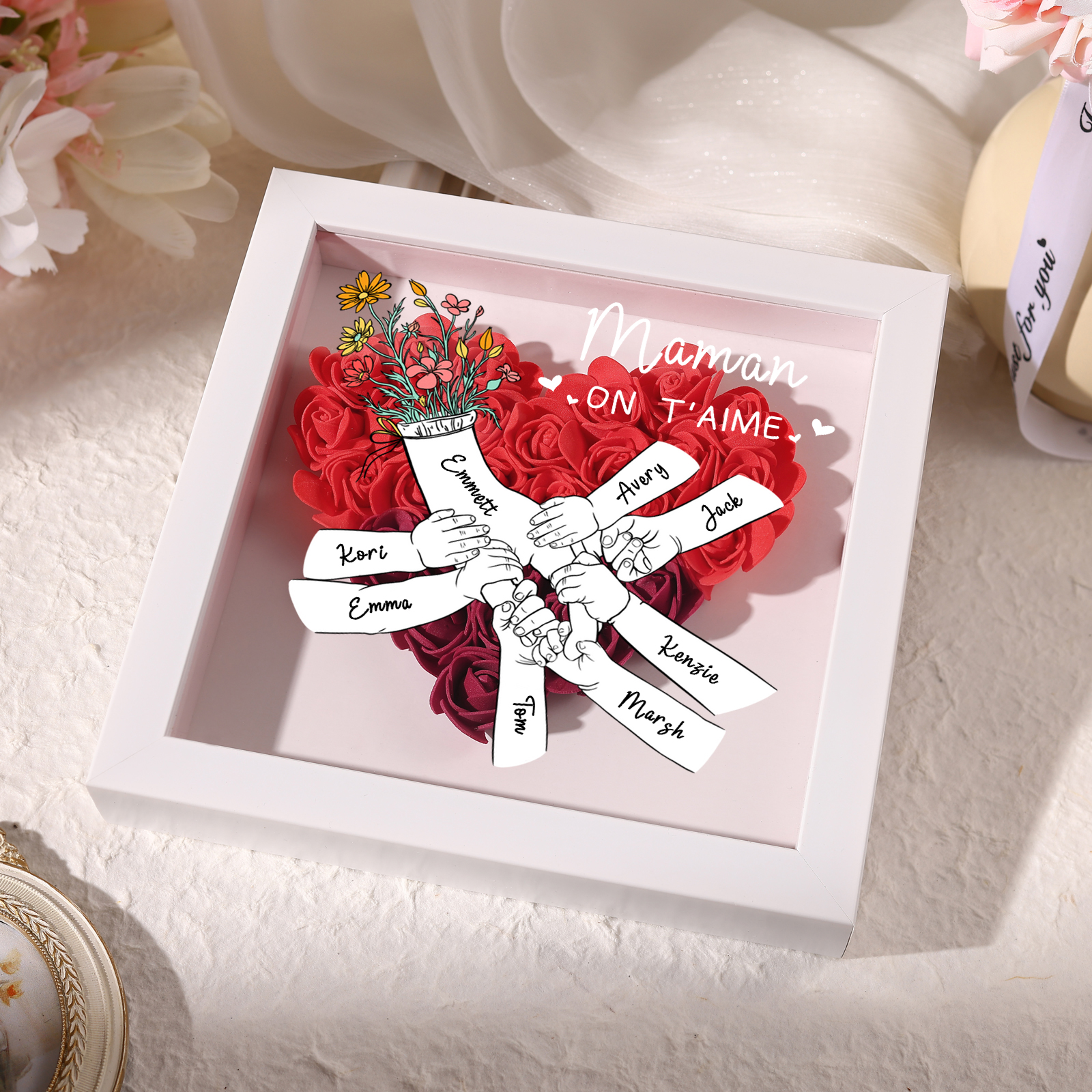 À ma Maman - Cadre photo Panneau de densité la main dans la main 8 Prénoms et 2 Texte Personnalisés Ornements Floral pour Famille