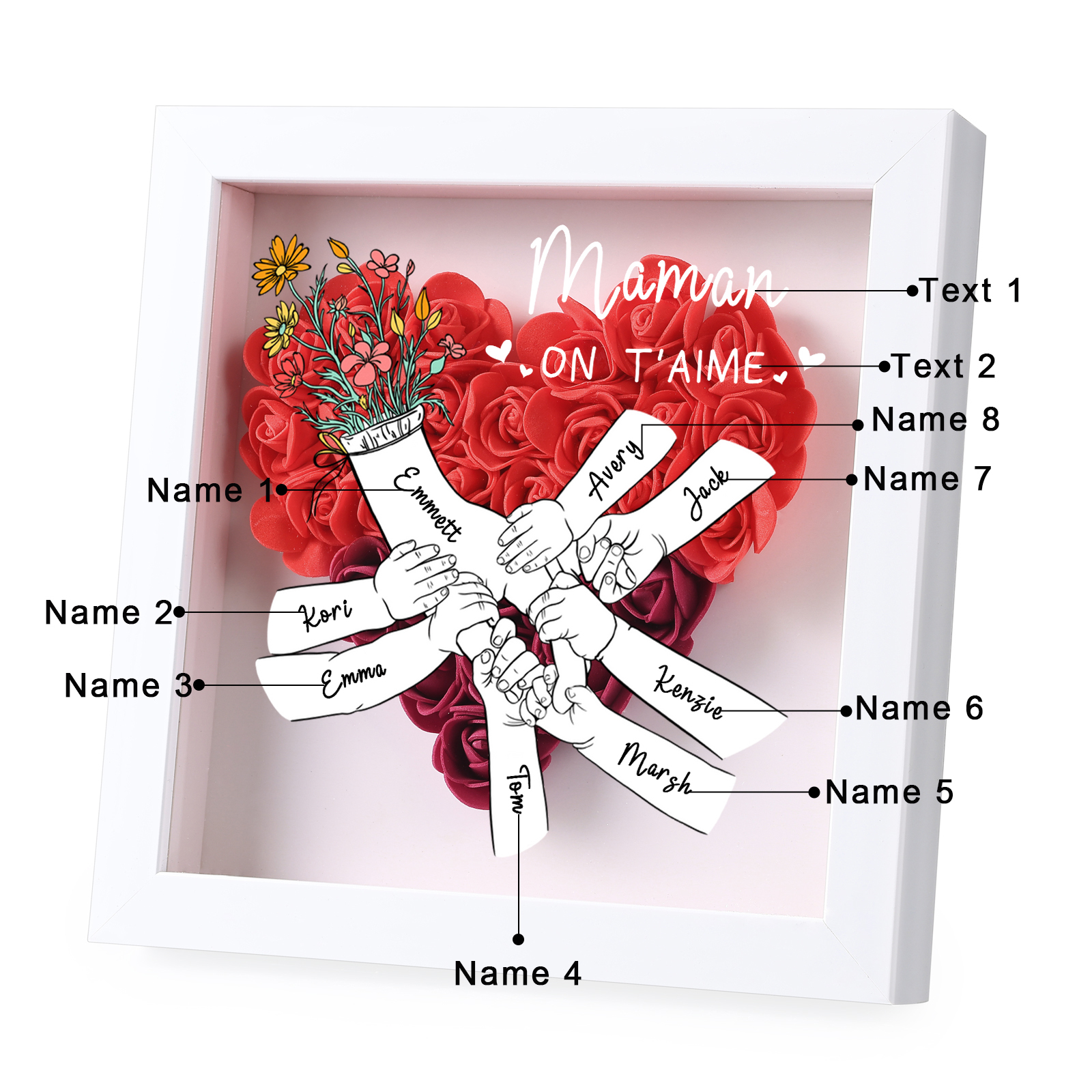 À ma Maman - Cadre photo Panneau de densité la main dans la main 8 Prénoms et 2 Texte Personnalisés Ornements Floral pour Famille