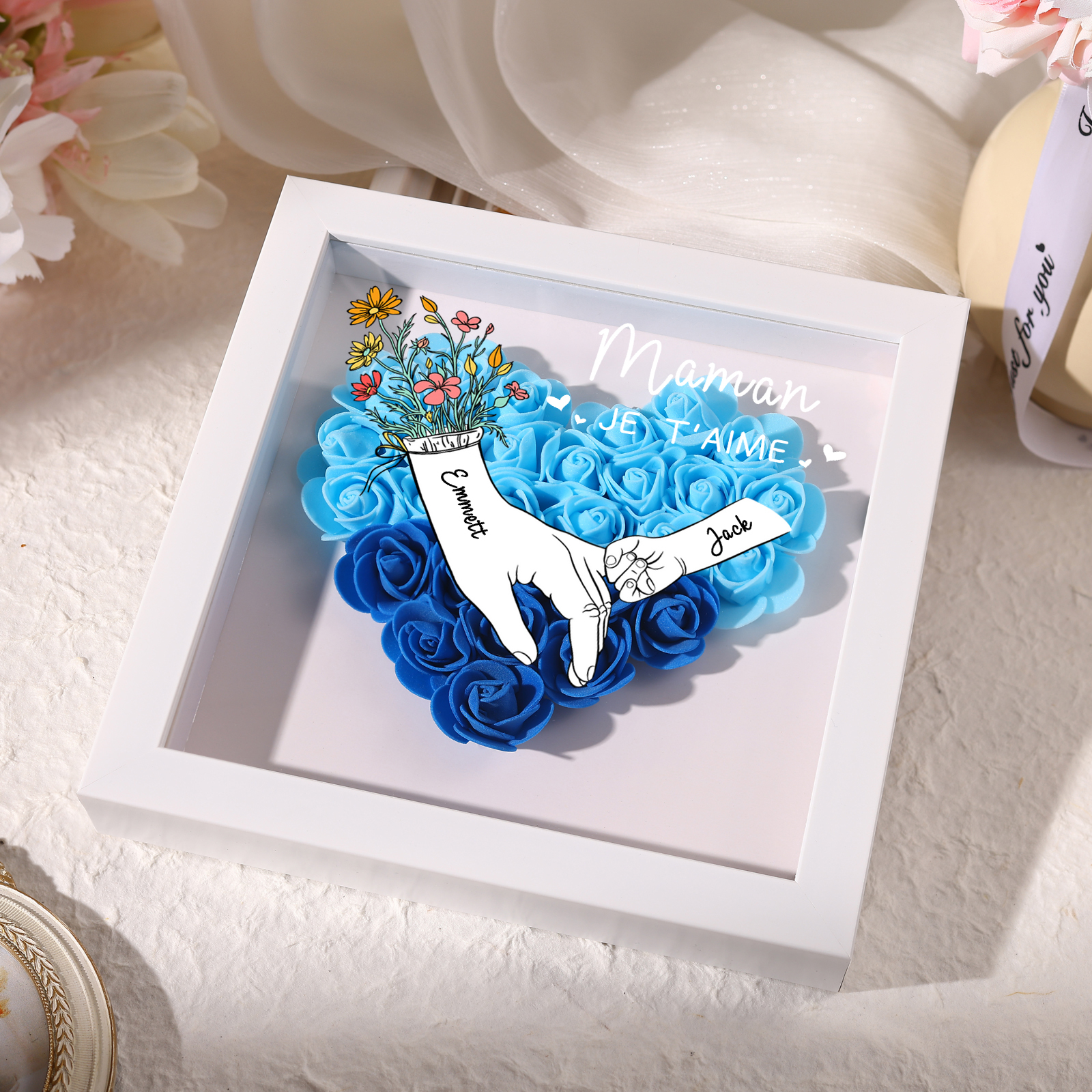 À ma Maman - Cadre photo Panneau de densité la main dans la main 2 Prénoms et 2 Texte Personnalisés Ornements Floral pour Famille