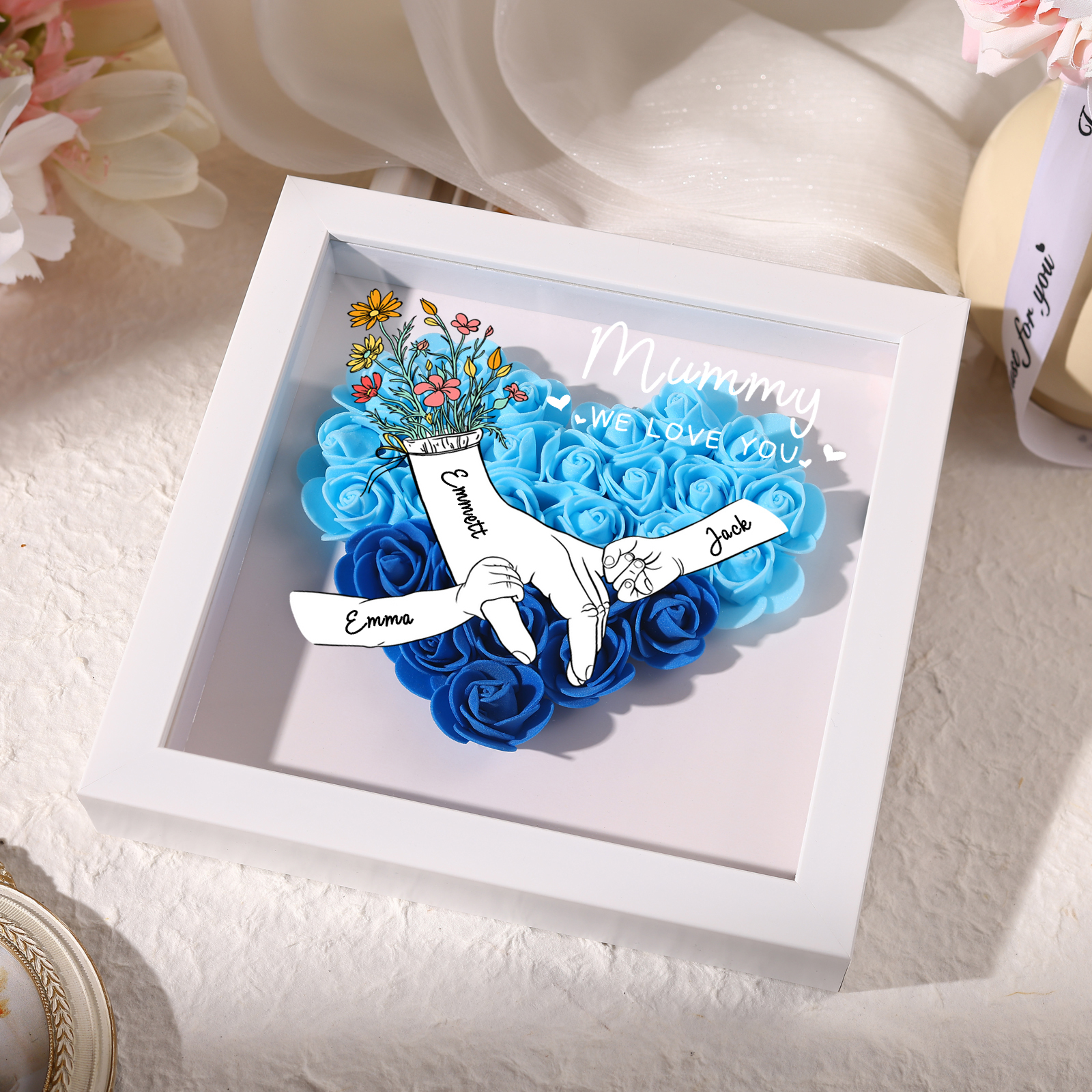 À ma Maman - Cadre photo Panneau de densité la main dans la main 3 Prénoms et 2 Texte Personnalisés Ornements Floral pour Famille