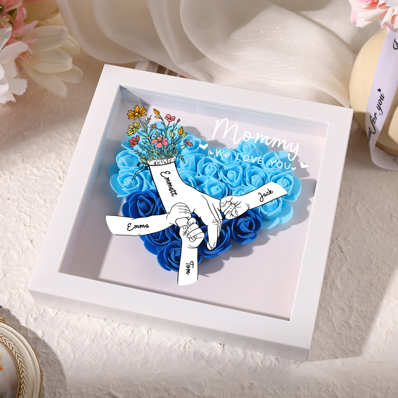 À ma Maman - Cadre photo Panneau de densité la main dans la main 4 Prénoms et 2 Texte Personnalisés Ornements Floral pour Famille