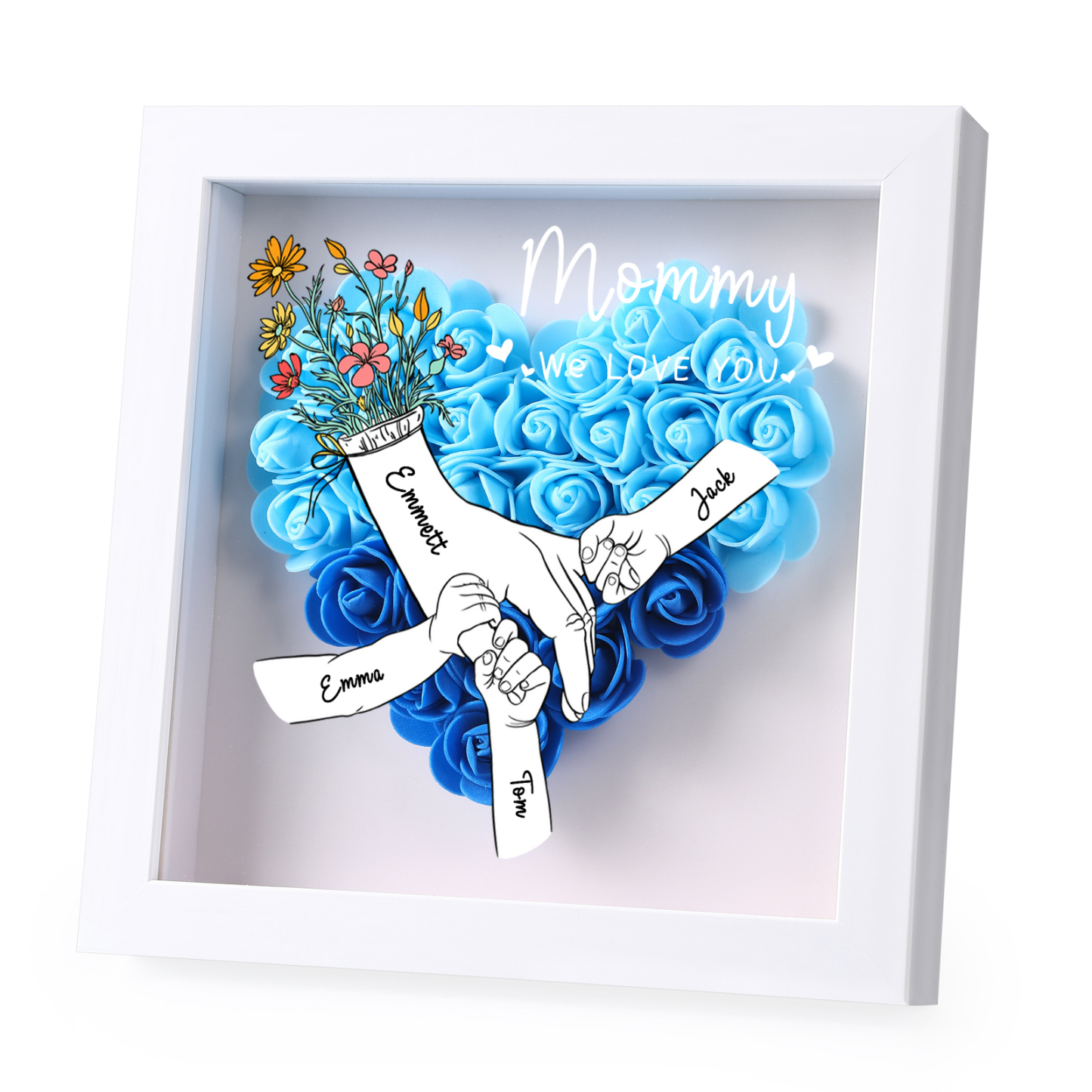 À ma Maman - Cadre photo Panneau de densité la main dans la main 4 Prénoms et 2 Texte Personnalisés Ornements Floral pour Famille