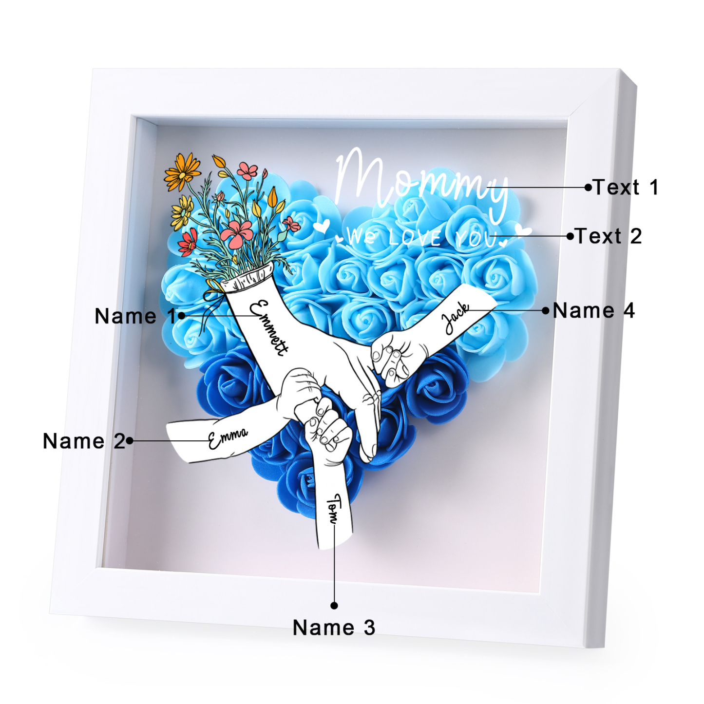 À ma Maman - Cadre photo Panneau de densité la main dans la main 4 Prénoms et 2 Texte Personnalisés Ornements Floral pour Famille
