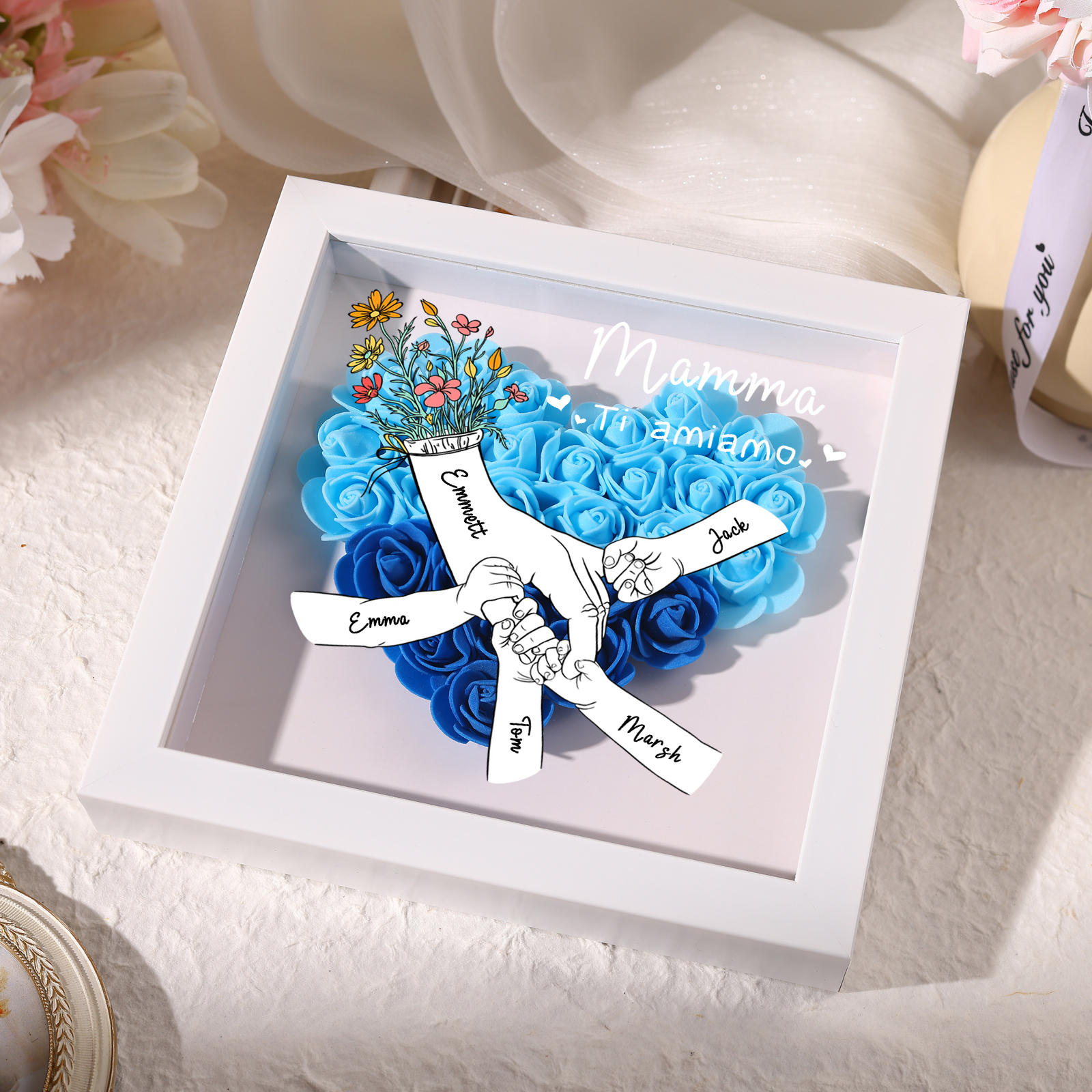 À ma Maman - Cadre photo Panneau de densité la main dans la main 5 Prénoms et 2 Texte Personnalisés Ornements Floral pour Famille