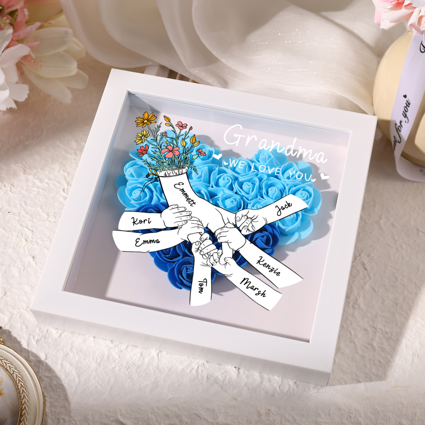 À ma Maman - Cadre photo Panneau de densité la main dans la main 7 Prénoms et 2 Texte Personnalisés Ornements Floral pour Famille