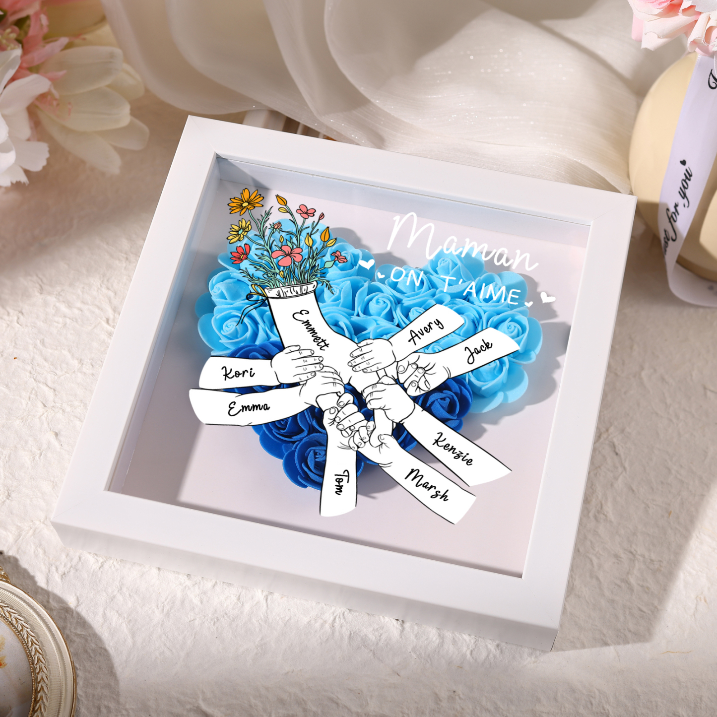 À ma Maman - Cadre photo Panneau de densité la main dans la main 8 Prénoms et 2 Texte Personnalisés Ornements Floral pour Famille