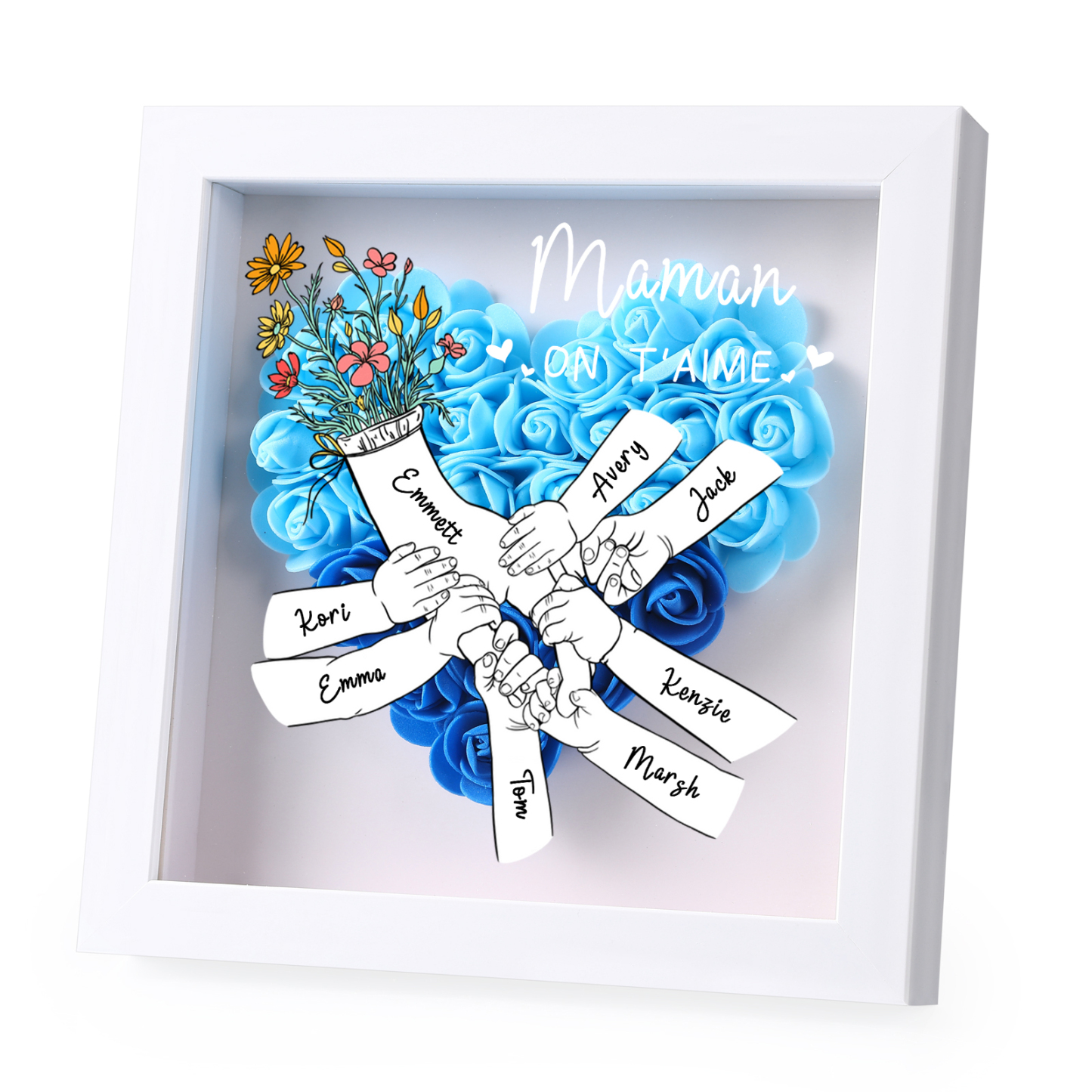À ma Maman - Cadre photo Panneau de densité la main dans la main 8 Prénoms et 2 Texte Personnalisés Ornements Floral pour Famille