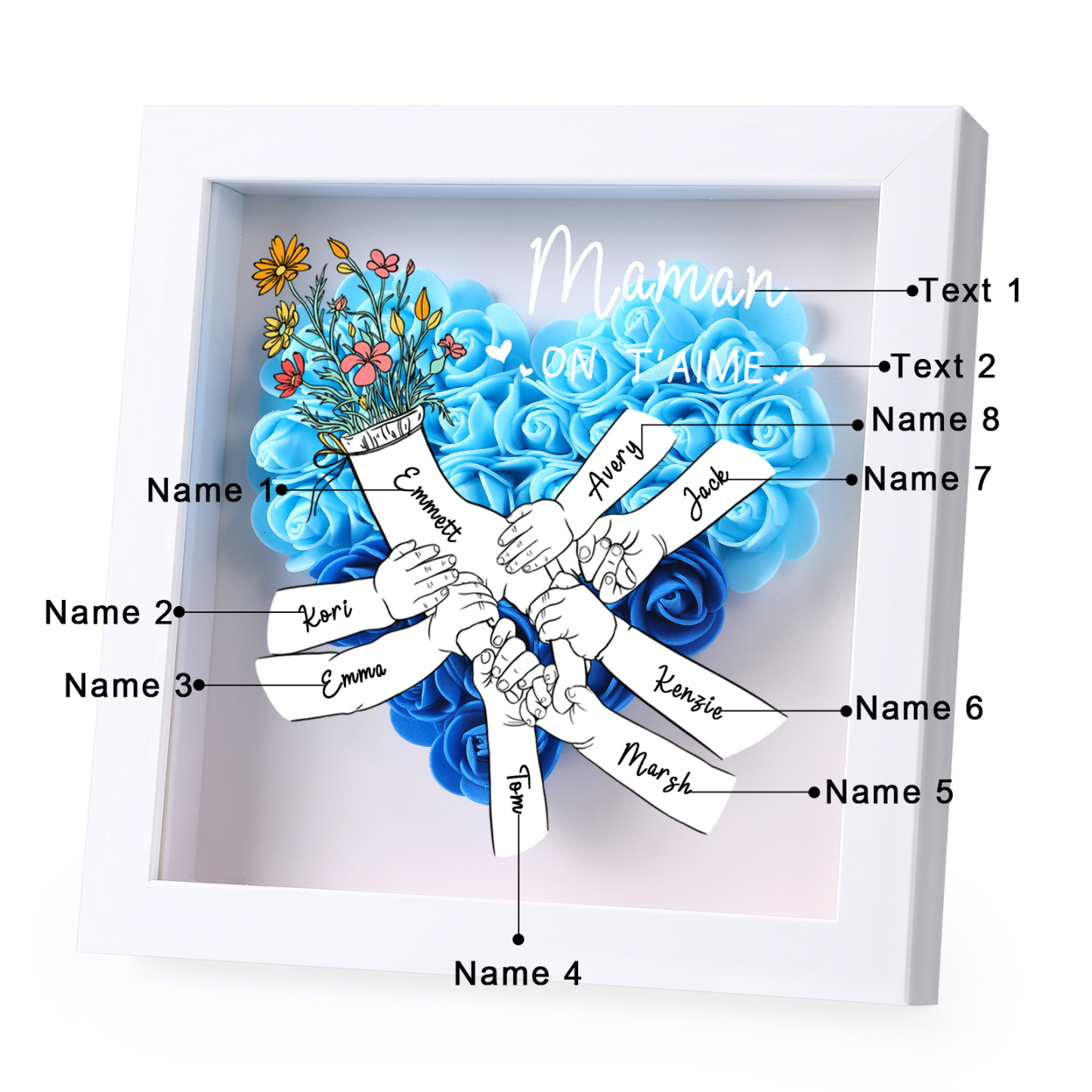 À ma Maman - Cadre photo Panneau de densité la main dans la main 8 Prénoms et 2 Texte Personnalisés Ornements Floral pour Famille