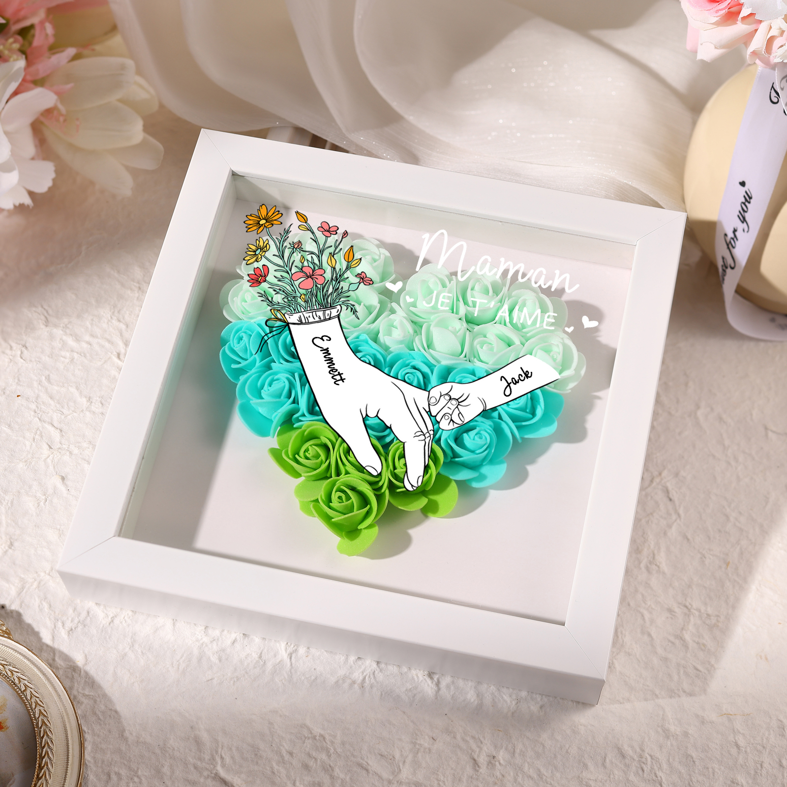 À ma Maman - Cadre photo Panneau de densité la main dans la main 2 Prénoms et 2 Texte Personnalisés Ornements Floral pour Famille