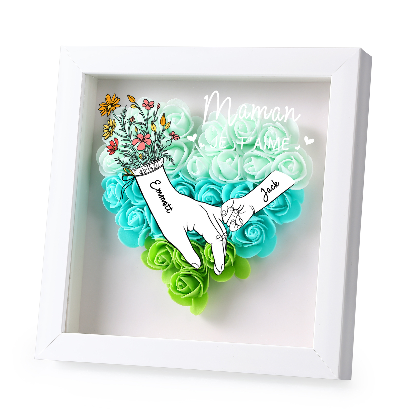 À ma Maman - Cadre photo Panneau de densité la main dans la main 2 Prénoms et 2 Texte Personnalisés Ornements Floral pour Famille