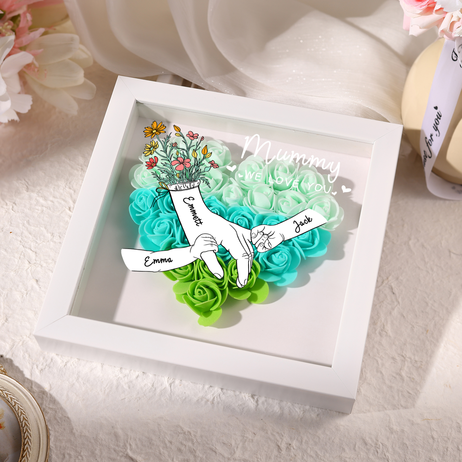 À ma Maman - Cadre photo Panneau de densité la main dans la main 3 Prénoms et 2 Texte Personnalisés Ornements Floral pour Famille