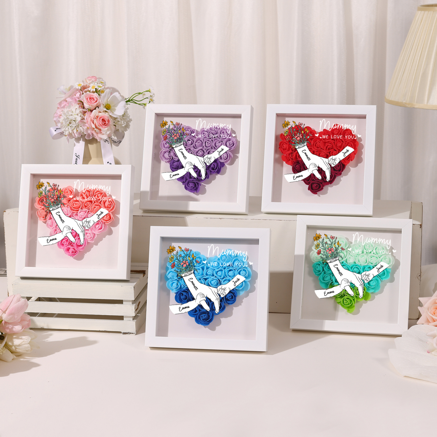 À ma Maman - Cadre photo Panneau de densité la main dans la main 3 Prénoms et 2 Texte Personnalisés Ornements Floral pour Famille