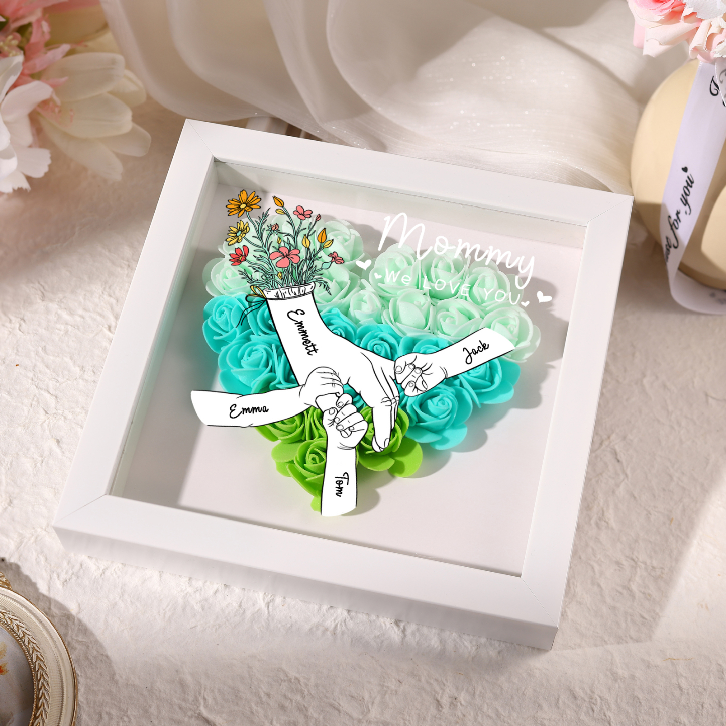 À ma Maman - Cadre photo Panneau de densité la main dans la main 4 Prénoms et 2 Texte Personnalisés Ornements Floral pour Famille